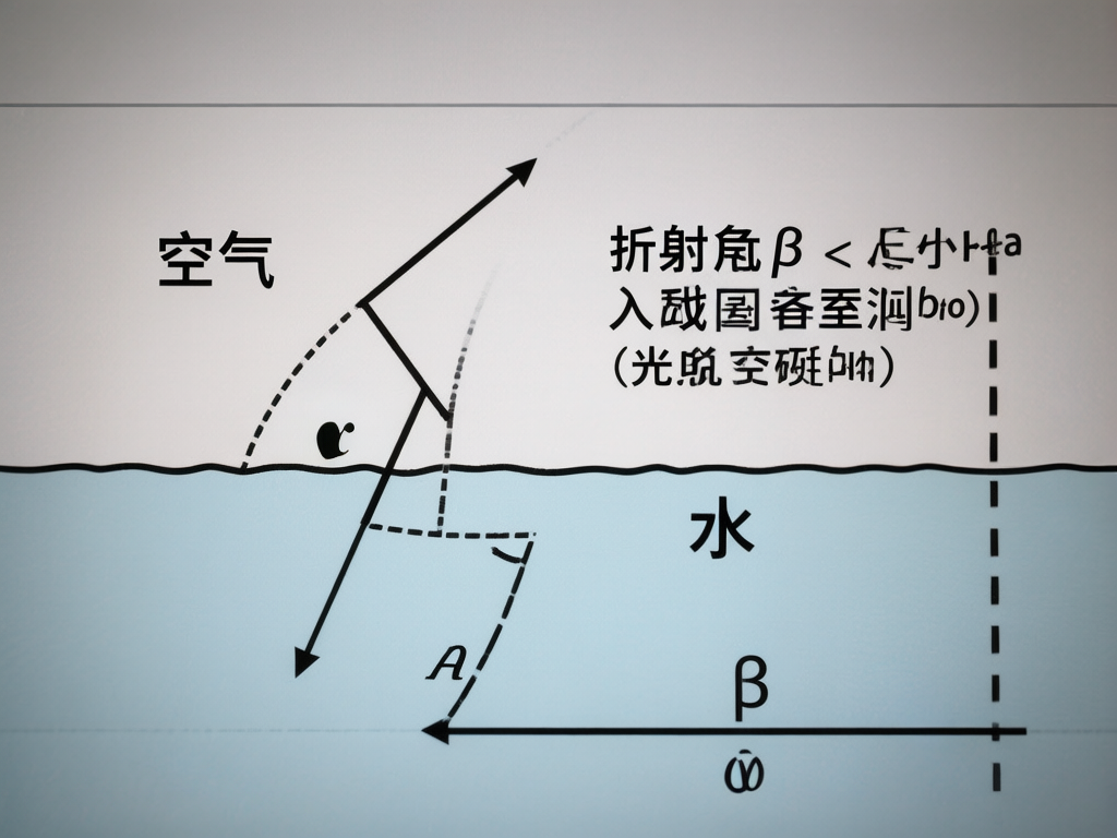图中展示了一张试图解释物理学中光折射原理的示意图。画面被一条水平的波浪线分为上下两部分，上方背景为浅灰色，标注有“空气”字样；下方背景为淡蓝色，标注有“水”字样。图中包含多条带有箭头的黑色实线和虚线，用以模拟光线的路径，并标注了希腊字母 α 和 β。然而，这张图片存在明显的 AI 生成缺陷：首先，文字内容极其混乱，出现了大量无法辨认的乱码和错别字，例如“折射角”后的文字变成了杂乱的笔画堆砌，括号内的文字也完全不符合逻辑。其次，科学逻辑存在严重错误，光线的折射路径不符合物理定律，线条连接断裂且指向不明，虚线弧度的标注也显得杂乱无章。整体构图虽然模仿了教科书风格，但由于文字和几何逻辑的失效，无法传递正确的科学信息。