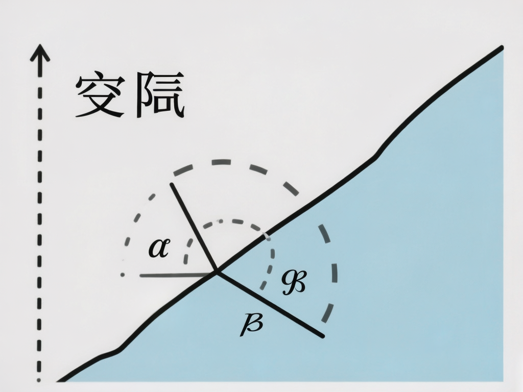 图中展示了一张试图呈现数学几何概念的示意图，背景为纯白色。画面左侧有一条带箭头的垂直虚线，左上方有两个黑色的汉字，字形类似于“交际”或“交阮”，但笔画结构存在明显的 AI 生成错误，并非标准汉字。画面中央是一个由多条黑线交叉形成的几何图形，右下角区域被填充为淡蓝色。图中标记了希腊字母 α 和 β，以及一个形状怪异、类似手写体 B 的符号。画面存在显著的 AI 生成缺陷：几何逻辑混乱，虚线圆弧的圆心与直线交点不匹配，且圆弧线条断断续续、粗细不均。右侧的斜线边缘呈现不规则的锯齿状波动，并非平滑的直线或数学曲线。整体构图虽然模仿了教科书插图的风格，但符号含义不明，缺乏严谨的数学逻辑。