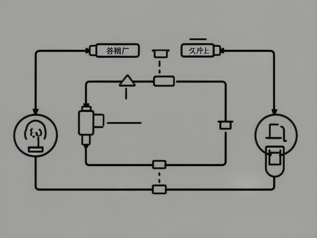 图中展示了一张极简风格的黑白示意图，背景为纯净的浅灰色，线条和图标均采用黑色粗线条绘制。构图呈现出一种对称的流程图结构，中心是一个长方形的环路，左右两侧各有一个圆形图标，并通过直角折线与上方的两个长方形标签相连。左侧圆圈内隐约可见一个类似戴着耳机的人头轮廓，右侧圆圈内则是抽象的几何图形。画面整体给人一种工业设计或逻辑图表的视觉感受，风格冷静且严谨。

然而，作为一张 AI 生成的图片，画面中存在明显的逻辑和文字缺陷。最显著的问题在于文字内容，上方的两个标签内填充了类似中文但无法辨认的畸形字符，如“答稿广”和“欠片上”，这些字样缺乏实际含义且笔画扭曲。此外，图表中的线条连接逻辑混乱，许多线条在交汇处断开或无故重叠，中间的三角形和矩形符号位置偏移，缺乏功能性的连贯感，属于典型的 AI 模拟图表时产生的形式化堆砌。