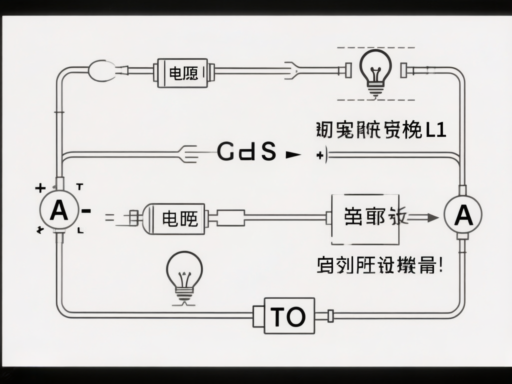 图中展示了一张模拟电路原理图的黑白简笔画，背景为纯白色。画面由黑色线条勾勒出的导线、灯泡、电流表（标有字母A的圆圈）以及类似电池或电源的矩形组件构成。构图呈现为一个复杂的闭合回路，元件分布在四周和中心位置。然而，这张图片存在明显的 AI 生成缺陷：首先是文字错误，图中出现了大量扭曲、无意义的伪汉字和乱码字符，例如“电愿”、“电旺”以及多处无法辨识的组合字；其次是逻辑异常，电路的连接方式不符合真实的物理规律，导线在多处断开或以不合理的方式重叠，灯泡和仪表的符号也与标准规范不符。整体视觉效果虽然模仿了技术图纸，但实际上是一幅逻辑混乱、文字错误的示意图。