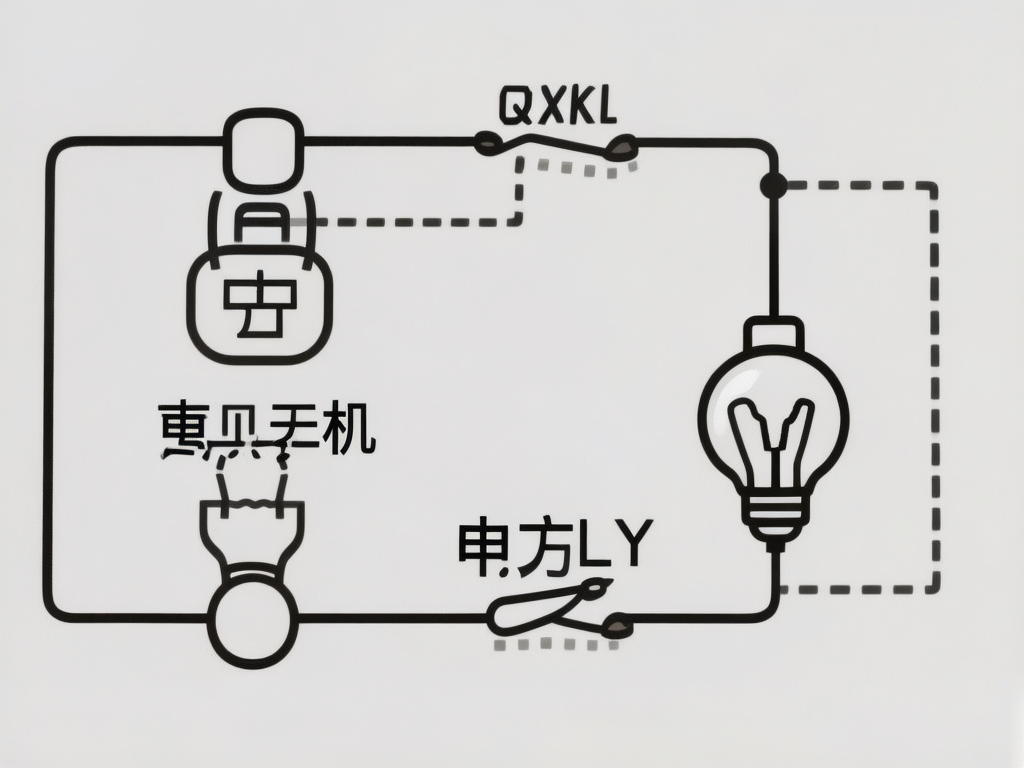 图中展示了一张以白色为背景的简笔画风格电路图，整体线条呈现黑色，构图简洁。画面中包含两个灯泡符号、开关以及一些类似文字的符号。右侧是一个较大的、带有灯丝线条的灯泡，左侧则是一个倒置的灯泡形状。电路连线由实线和虚线组成，形成了一个不规则的闭合回路。画面中存在明显的 AI 生成缺陷：首先，图中的文字完全不可读，包含了一些扭曲变形的汉字部件（如“申方LY”、“惠贝无机”）和随机的英文字母组合（如“QXKL”），这些字符缺乏实际意义且笔画断裂；其次，电路逻辑存在严重错误，导线连接方式不符合物理常识，部分线条在连接处模糊不清；此外，左上角的元件符号形状怪异，像是锁头与字母的错误结合，整体透视关系也显得平面且不协调。