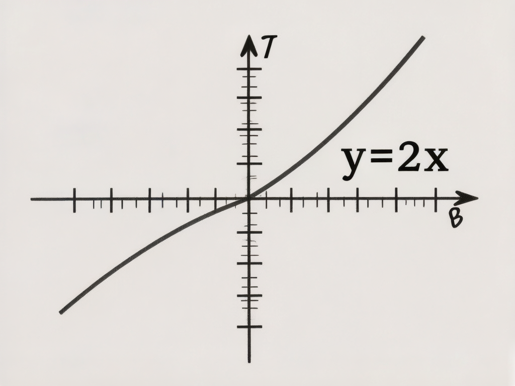 图中展示了一个在纯白色背景上的数学坐标系。画面中心是一个由黑色线条构成的直角坐标轴，纵轴顶端标有字母“T”，横轴右侧标有字母“B”。一条黑色的函数曲线穿过原点，从左下角延伸至右上角，曲线旁标注着算式“y=2x”。整体构图简洁，呈现出类似手绘或简易图表的风格。

然而，画面中存在明显的 AI 生成逻辑错误。首先，标注的函数方程“y=2x”本应是一条笔直的斜线，但图中的线条却呈现出明显的弧度，更像是一条曲线。其次，坐标轴上的刻度分布极不规范，长短不一且间距混乱，部分刻度线甚至出现了重叠和断裂。此外，横轴右端的字母“B”字迹模糊且扭曲，纵轴上的刻度也显得杂乱无章，缺乏严谨的数学逻辑。这些细节反映了 AI 在处理精确数学图形时的局限性。