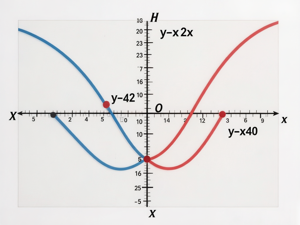 图中展示了一个在白色背景上的数学坐标系图表，包含一条蓝色曲线和一条红色曲线。坐标轴由黑色的横轴和纵轴组成，交点处标有字母“O”。蓝色曲线位于左侧，呈波浪状起伏；红色曲线位于右侧，与其对称分布，两条线在纵轴附近交汇。画面中散布着一些红色的圆点标记，以及类似“y-x 2x”和“y-42”的数学表达式。

然而，这张图片存在明显的 AI 生成缺陷，导致其缺乏实际的数学逻辑。首先，坐标轴上的刻度数字排列极其混乱，例如纵轴上出现了重复的“23”和“10”，且数字大小不一、间距不等。其次，坐标轴的标签存在错误，横轴两端和纵轴底端都标为了“X”，而纵轴顶端标为了“H”。此外，图中的数学公式格式不规范，曲线的走势与刻度完全无法对应，部分线条在交汇处出现了生硬的断裂或重叠。整体而言，这只是一张模仿数学图表外观的图像，无法用于任何真实的计算或教学。