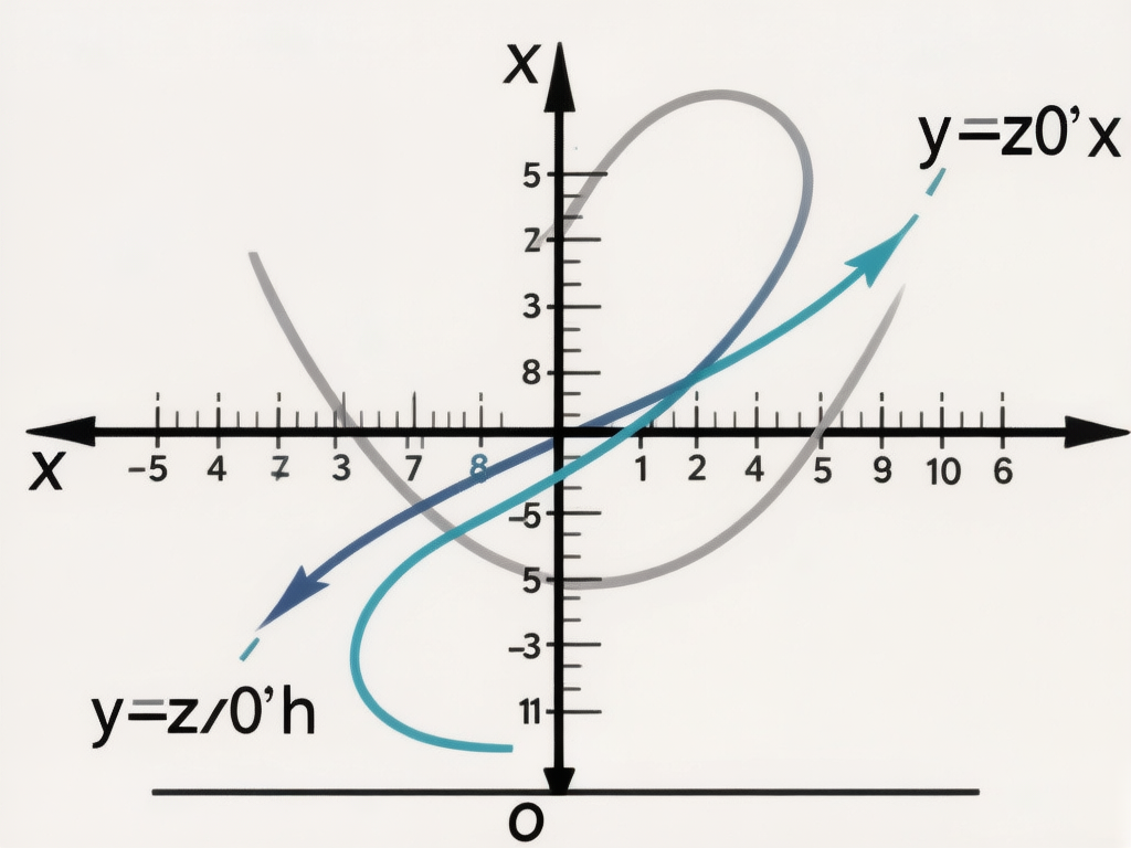 图中展示了一个在白色背景上的数学坐标系图表，包含黑色线条绘制的水平和垂直轴，以及几条彩色曲线。画面中心是一个带有箭头和刻度的直角坐标系，但存在明显的 AI 生成逻辑错误：横轴和纵轴都被标注为字母“X”，且轴上的数字排列完全混乱，例如横轴出现了“-5, 4, 7, 3, 7, 8”这样不符合逻辑的序列，纵轴数字也随意分布。画面中有三条主要的曲线：一条灰色的类似抛物线和环形的组合线，一条深蓝色的带箭头直线，以及一条浅蓝色的弯曲箭头线。图中还散布着一些无意义的数学公式，如“y=z0'x”和“y=z/0'h”，字体清晰但缺乏实际数学含义。整体构图虽然模仿了教科书插图的风格，但由于坐标数值错误、轴标签重复以及曲线逻辑不明，这并非一张具有实际教学功能的图表。