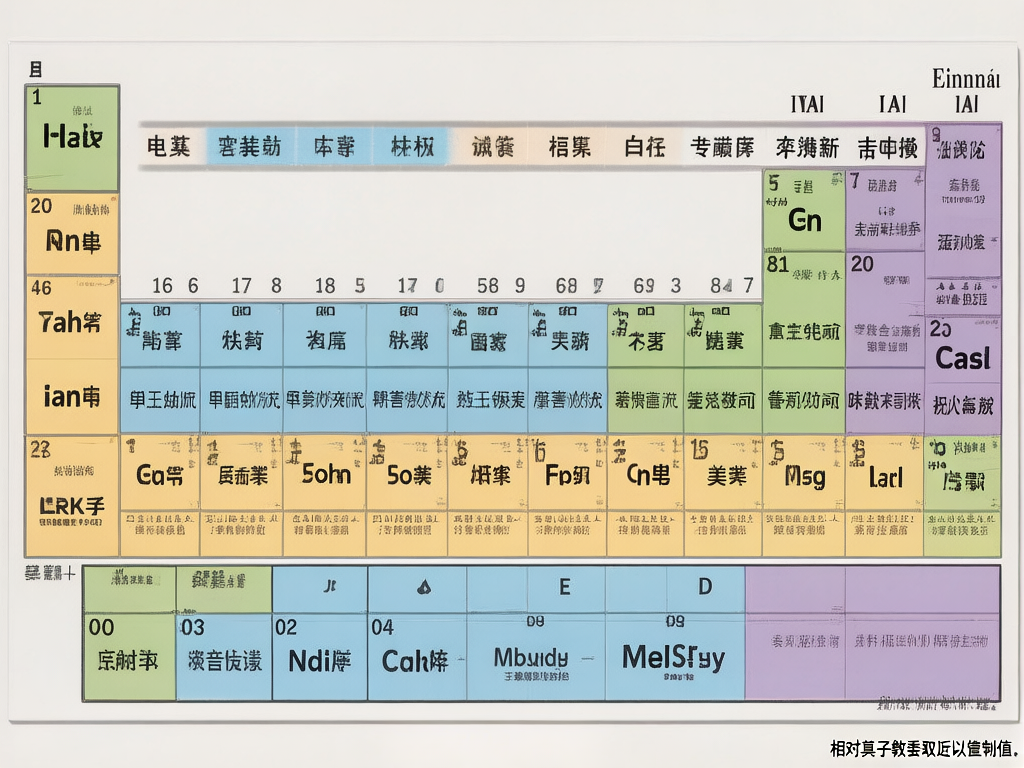 图中展示了一张模仿化学元素周期表风格的图表，整体呈现为由多个彩色方格组成的矩形矩阵。色调以柔和的低饱和度色彩为主，包括浅蓝、淡黄、浅绿、粉紫和米白色。构图规整，上方分布着长条状的分类色块，下方则是密集的网格，每个格子内都填充了类似文字和数字的符号。

然而，画面存在明显的 AI 生成缺陷：首先，图表中的文字完全无法辨认，所有的汉字、英文字母和数字都发生了严重的扭曲和变形，呈现出一种似是而非的“乱码”感。其次，表格的逻辑结构混乱，线条交汇处不够严谨，部分数字的排列毫无规律。此外，右下角的文字标签也出现了重叠和模糊现象。整张图虽然在视觉形式上模仿了科学图表，但实际上并不包含任何真实的学术信息或可读内容。