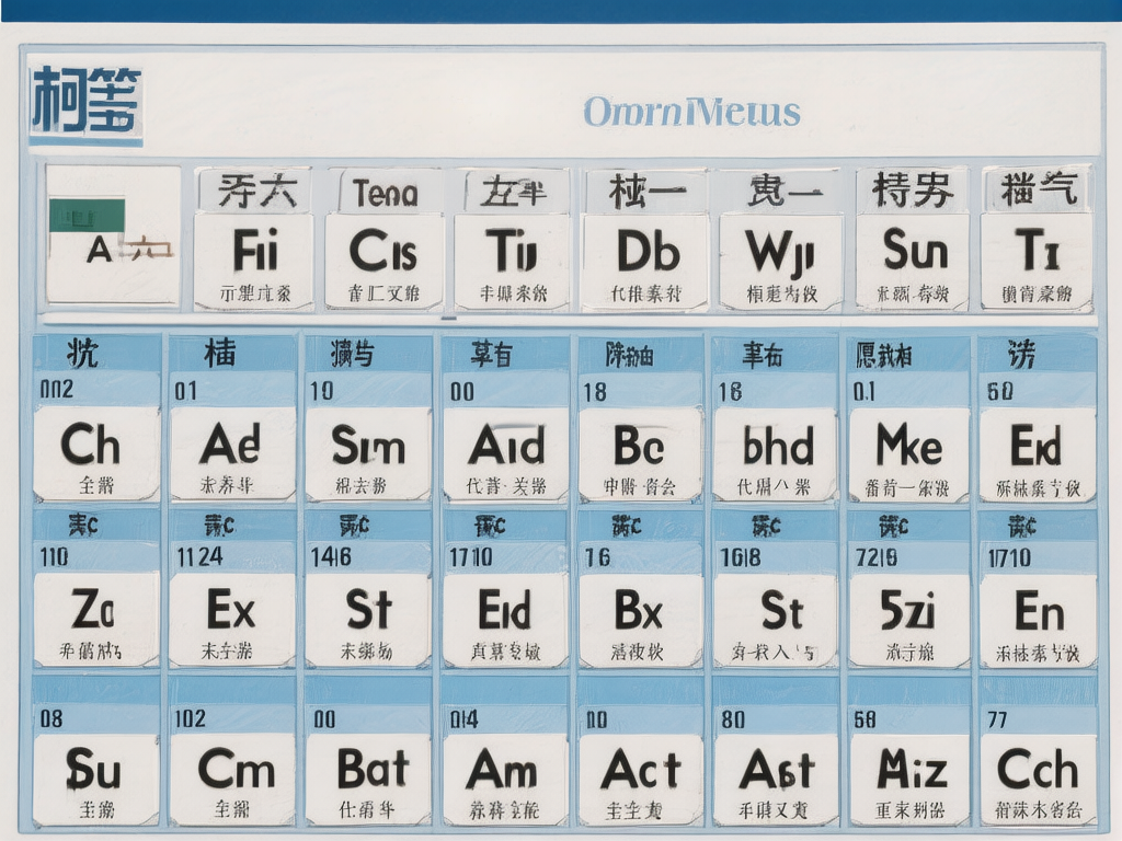 图中展示了一张模仿化学元素周期表风格的图表。背景以浅蓝色和白色为主，结构由多行多列的矩形方格组成。每个方格内都包含类似化学符号的英文字母组合，以及上方和下方的文字标注。整体构图规整，色调清冷，给人一种科学或技术文档的视觉印象。

然而，画面中存在明显的 AI 生成缺陷，主要体现在文字内容的逻辑混乱。虽然图表中的字符看起来像汉字、英文和数字，但仔细观察会发现，绝大多数汉字都是由笔画胡乱堆砌而成的“伪汉字”，无法辨认含义；英文单词如“OmniVetus”和方格内的符号（如 Fii、Cis、Bat 等）也并非真实的化学元素。此外，部分线条边缘模糊，数字排列规律不明，且左上角的蓝色色块中文字重叠严重。这些特征表明该图片是 AI 模拟人类图表结构而生成的视觉素材，并不具备实际的阅读或参考价值。
