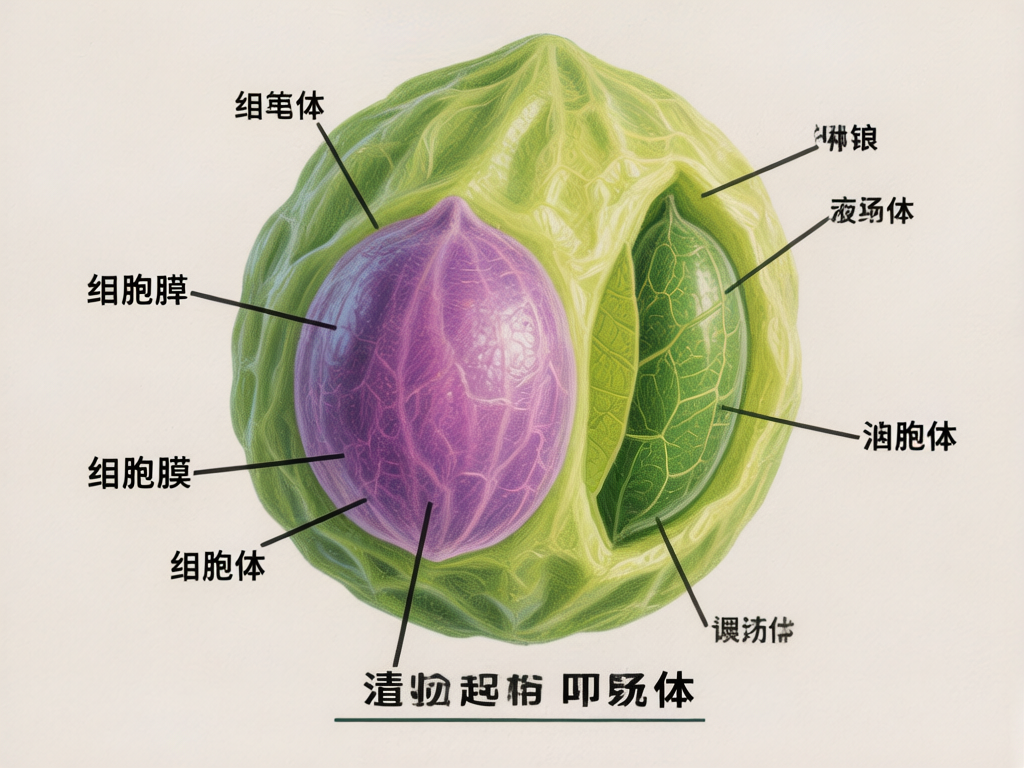 图中展示了一个模拟植物细胞结构的生物解剖示意图。画面中心是一个巨大的、具有褶皱纹理的浅绿色球体，其内部被剖开，露出了两个核心组件：左侧是一个带有紫色网状脉络的圆形球体，右侧是一个深绿色、形似叶片的椭圆体。背景为干净的米白色，构图居中，色彩清新。然而，这张图片存在明显的 AI 生成缺陷，主要体现在文字标注上。画面四周延伸出多条黑色的指示线，指向不同的部位，但标注的文字大多是无意义的乱码或错别字，例如“组笔体”、“组胞膜”、“液场体”等，这些词汇在生物学中并不存在。底部还有一行加粗的、完全无法辨认的虚假汉字。此外，指示线与物体的连接处缺乏逻辑，整体呈现出一种看似专业科学插画、实则内容荒谬的典型 AI 生成特征。