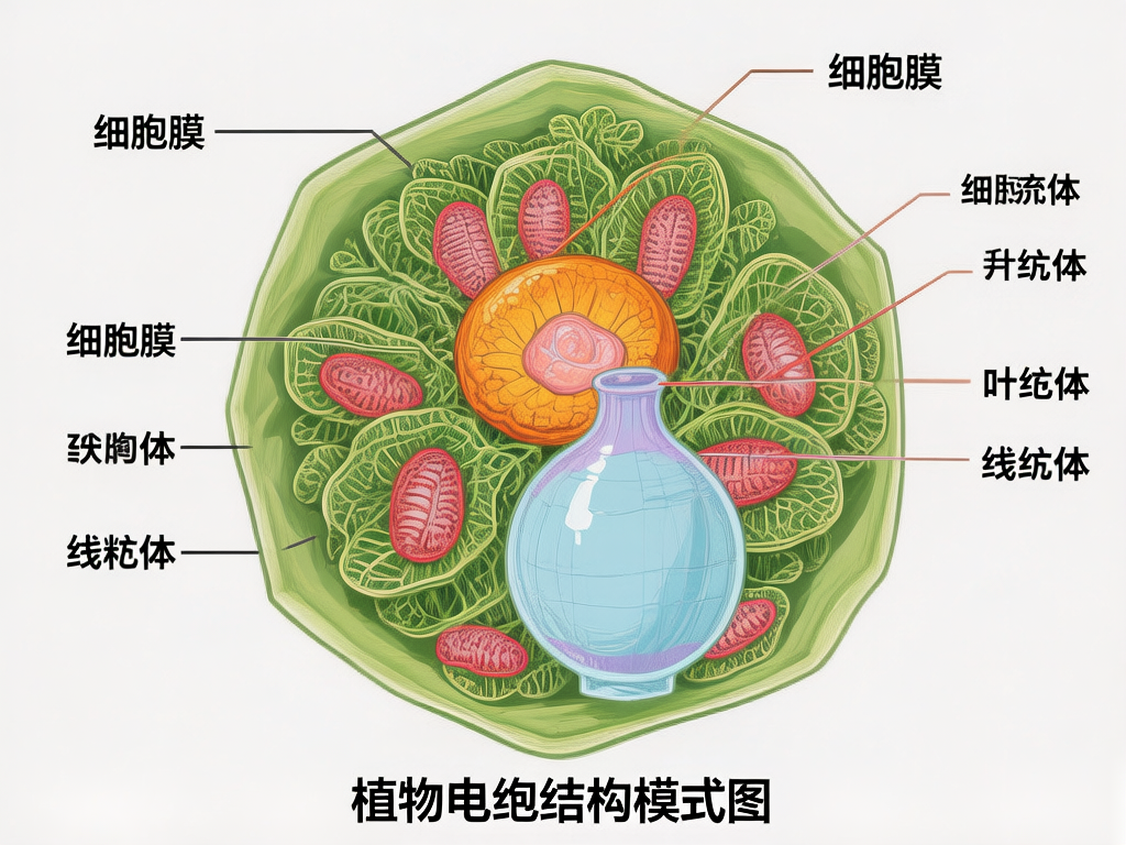 图中展示了一张模拟植物细胞结构的示意图，背景为纯白色。画面中央是一个绿色的多边形容器，代表细胞壁，内部填充了许多类似绿色叶片的结构。中心位置有一个橙黄色的圆形细胞核，其下方叠放着一个淡蓝色、半透明的瓶状物体，看起来像是一个水瓶。周围散布着若干红色的椭圆形结构，模拟线粒体。图像两侧带有黑色引线和中文标注。

这张图片存在明显的 AI 生成缺陷：首先是文字错误，标题将“细胞”误写为“电绝”，标注中出现了大量伪造或错误的词汇，如“细胸流体”、“升统体”、“叶绝体”以及多次重复且指向不明的“细胞膜”。其次是逻辑异常，画面中心出现的蓝色水瓶并非生物结构，且部分红色器官的纹理显得杂乱。整体构图虽然模仿了教科书插图，但科学性完全错误，无法作为准确的学习参考。