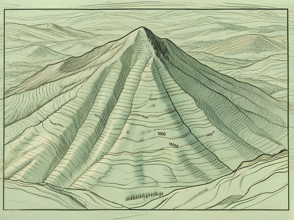 图中展示了一幅模仿手绘地形图风格的画作，主色调为淡雅的青绿色。画面中心是一座高耸的锥形山峰，山体表面布满了密集的等高线，呈现出一种梯田般的纹理感。背景是连绵起伏的低矮丘陵，线条柔和。整幅图被一个黑色的细边框包围，具有复古插画的质感。然而，画面中存在明显的 AI 生成缺陷：山坡上的数字标注逻辑混乱，出现了如“1000”、“10090”以及一些模糊不清、类似乱码的字符，这些数字并未遵循真实的地理海拔规律，且排列位置随意。此外，山体表面的线条在细节处显得过于机械重复，部分线条在交汇处出现了不自然的断裂和重叠，缺乏真实地图的严谨性。