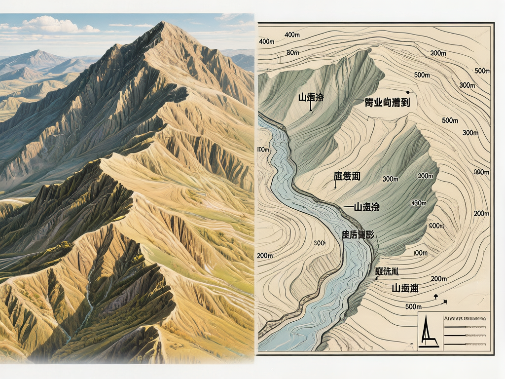图中展示了一张左右分割的对比图，左侧是写实风格的山脉景观，右侧是与之对应的等高线地形图。左侧画面呈现了一座巍峨的土黄色山峰，山体布满了深浅不一的沟壑与脊线，在阳光照射下形成强烈的明暗对比，远处可见连绵的淡蓝色群山。右侧的地形图以米黄色为底，用密集的黑色线条描绘等高线，中间有一条蜿蜒的蓝色河流穿过。

画面中存在明显的 AI 生成缺陷：首先，右侧地图上的文字均为无法辨认的乱码，看起来像是不存在的伪中文字符；其次，地图上的海拔标注数字逻辑混乱，例如 400m 标注在 80m 之上，且数字排列随机。左侧山脉的纹理在局部显得过于平滑且呈旋涡状，不符合自然岩石的物理特征。整体构图虽然试图建立实景与地图的对应关系，但两者的地理轮廓并不能完全吻合。