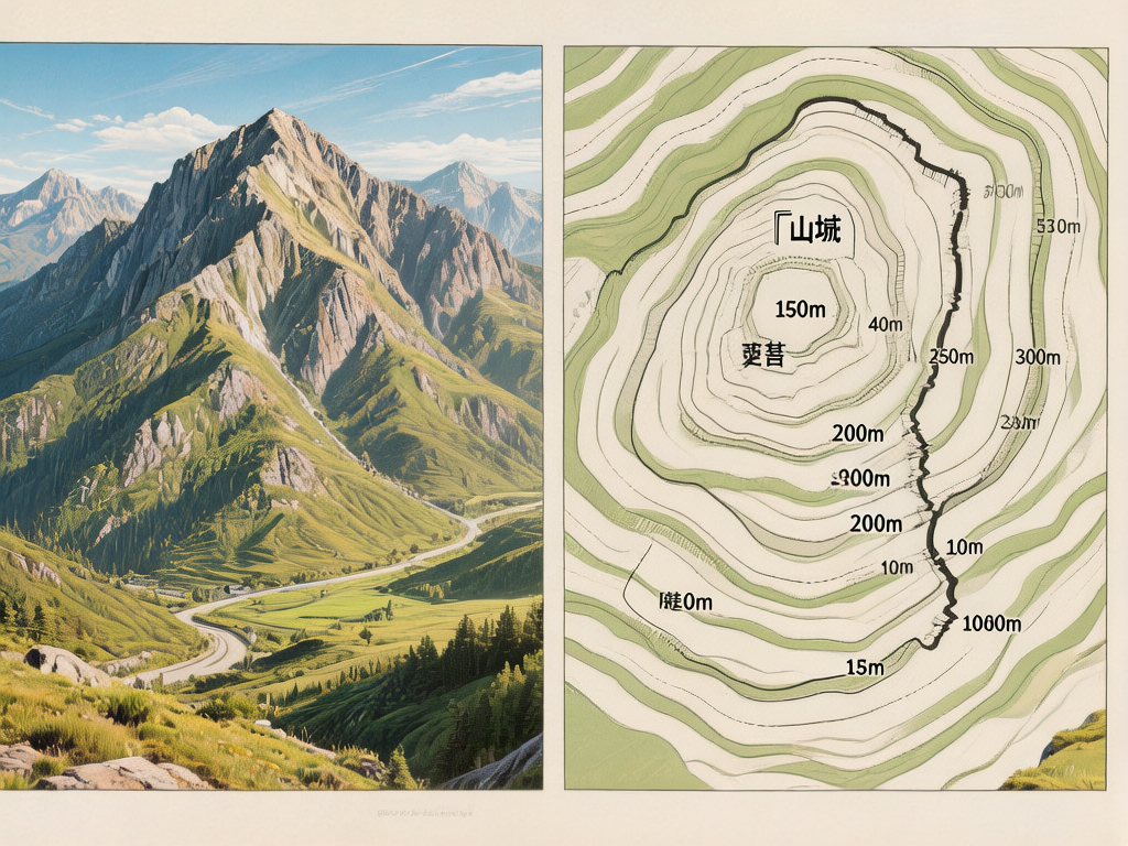 图中展示了一张左右分割的对比图，左侧是写实风格的山脉风景，右侧是与之对应的等高线地形图。左侧画面中，一座雄伟的尖峭山峰占据中心，山坡覆盖着翠绿的草甸与深色的针叶林，一条蜿蜒的公路从山脚谷地穿过，天空晴朗并伴有稀疏云朵。右侧的地形图以淡绿色和米白色为主色调，用环状线条表现山体海拔，并标注了「山城」等汉字及高度数值。

画面中存在明显的 AI 生成缺陷：右侧地图上的文字和数字逻辑混乱，出现了如「200m」重复标注、数字重叠以及无法辨认的乱码字符，且等高线的分布与左侧实景山峰的陡峭程度并不完全吻合。此外，左侧公路的透视在远方略显生硬，部分山石纹理呈现出不自然的重复感。整体构图试图模仿地理教材，但细节处的文字错误揭示了其 AI 生成的本质。
