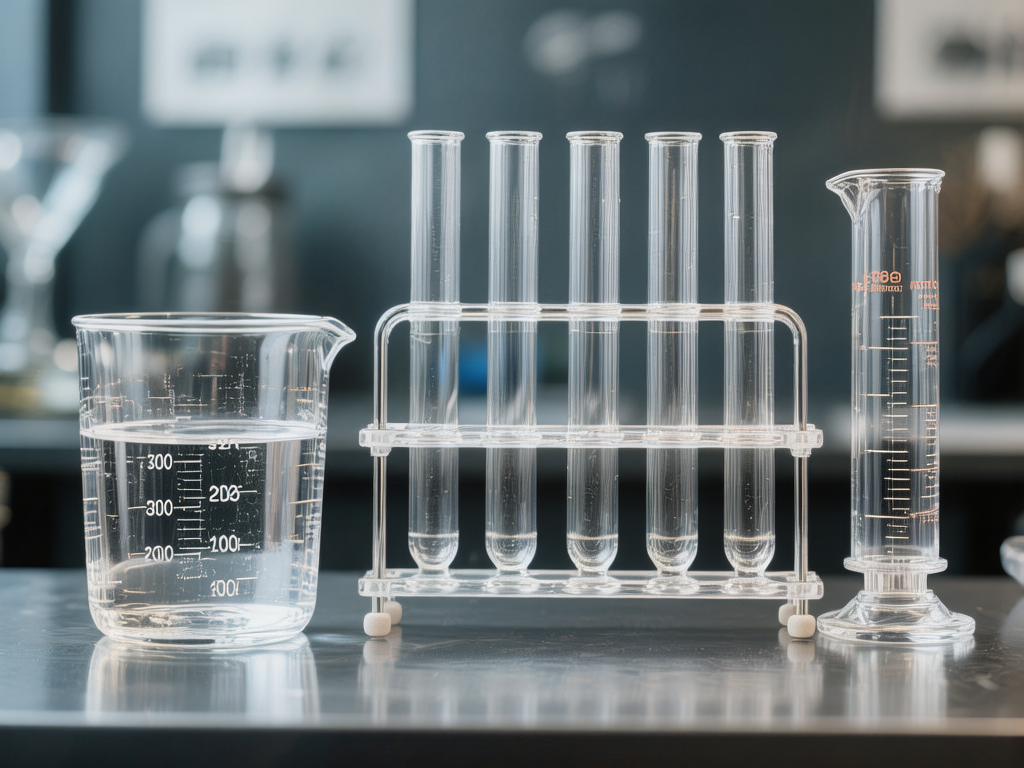 图中展示了一组放置在金属实验台面上的透明玻璃化学仪器。画面中心是一个金属试管架，上面整齐排列着五支细长的平底试管，试管底部存有少量透明液体。左侧是一个盛有约三分之二透明液体的烧杯，右侧则是一个细长的量筒。背景是模糊的实验室环境，色调偏冷，呈现出深灰蓝色。光线从左侧照射，在台面上形成了清晰的倒影。

画面中存在明显的 AI 生成缺陷：最左侧烧杯上的刻度数字逻辑混乱，出现了重复且无序的“300”、“200”、“100”字样，且线条断裂不齐；右侧量筒上的刻度与文字也呈现为模糊且无意义的乱码符号。此外，试管架的金属支架结构在透视上略显生硬，部分线条衔接不够自然。尽管整体构图规整，但这些细节处的文字和逻辑错误揭示了其人工智能生成的本质。