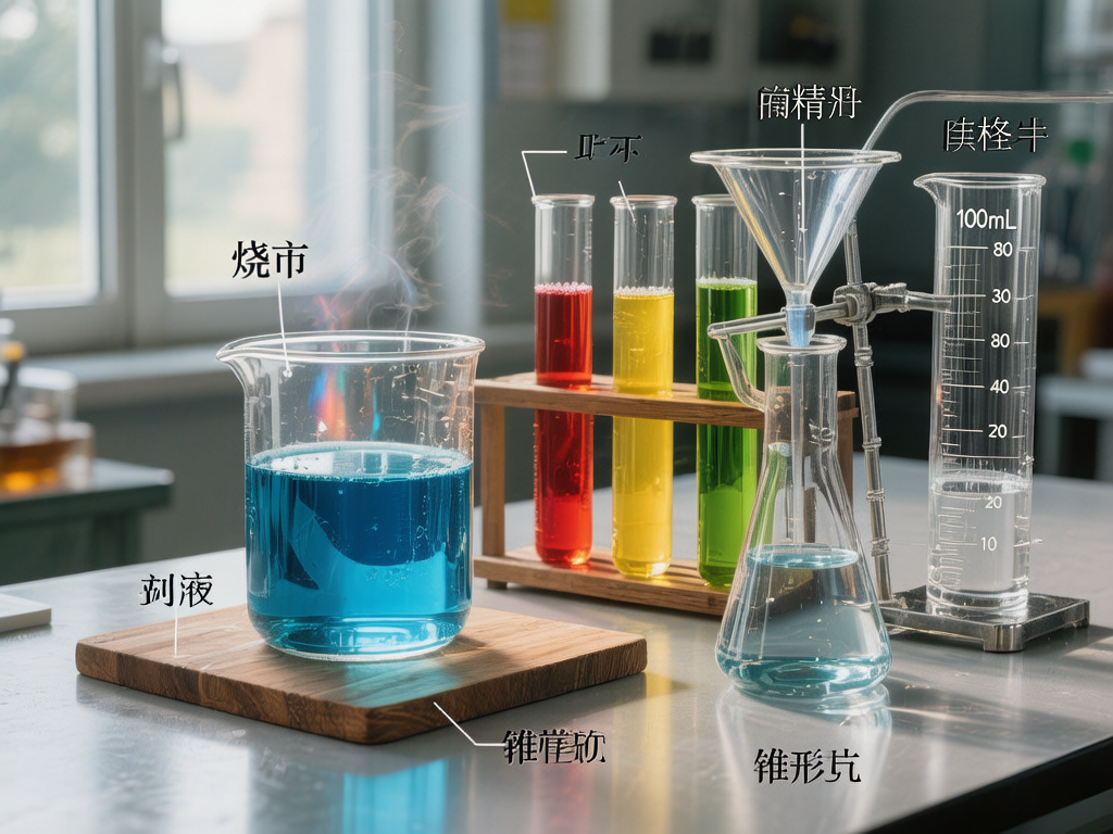 图中展示了一个明亮的化学实验室场景，实验台上摆放着多种盛有彩色液体的玻璃仪器。左侧是一个装有深蓝色液体的烧杯，正冒着丝丝白烟；中间的木制试管架上插着红、黄、绿三支装满液体的试管；右侧则有锥形瓶、漏斗和量筒。阳光从背景的窗户洒入，画面色调清新。然而，这张 AI 生成的图片存在明显的逻辑和文字缺陷：画面中出现了大量错误的中文标注，如“烧市”、“刻液”、“锥形亢”等，字形扭曲且词不达意；量筒上的刻度数字排列混乱，出现了重复的“80”和不连续的数值；漏斗与支架的连接处结构模糊，缺乏合理的物理支撑；左侧烧杯下方的木板标注为“雅崔珙”，同样属于无意义的乱码文字。整体构图虽具美感，但细节上的科学严谨性完全缺失。