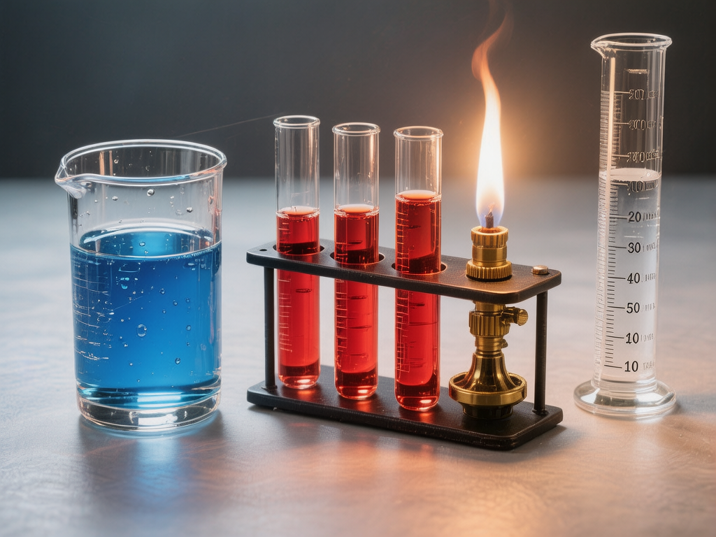 图中展示了一个实验室风格的静物场景，背景为深灰色的模糊平面。画面中心是一个黑色试管架，上面插着三支装有红色液体的玻璃试管，以及一个正在燃烧的金属质感酒精灯，火苗呈明亮的橙黄色。试管架左侧是一个盛有蓝色液体的烧杯，右侧是一个装有透明液体的量筒。整体色调对比鲜明，红、蓝、金色的元素在冷色背景下非常突出。

画面中存在明显的 AI 生成缺陷：首先，量筒上的刻度数字逻辑混乱，出现了如「200、300、20、30、40、50、10、10」这样毫无规律且重复的排布，且刻度线模糊不清。其次，酒精灯的结构异常，它直接穿过了试管架的孔位，且底座悬空或与架子结构诡异融合，缺乏合理的物理支撑。此外，烧杯和试管上的刻度线也显得断断续续，不符合真实实验器材的规范。