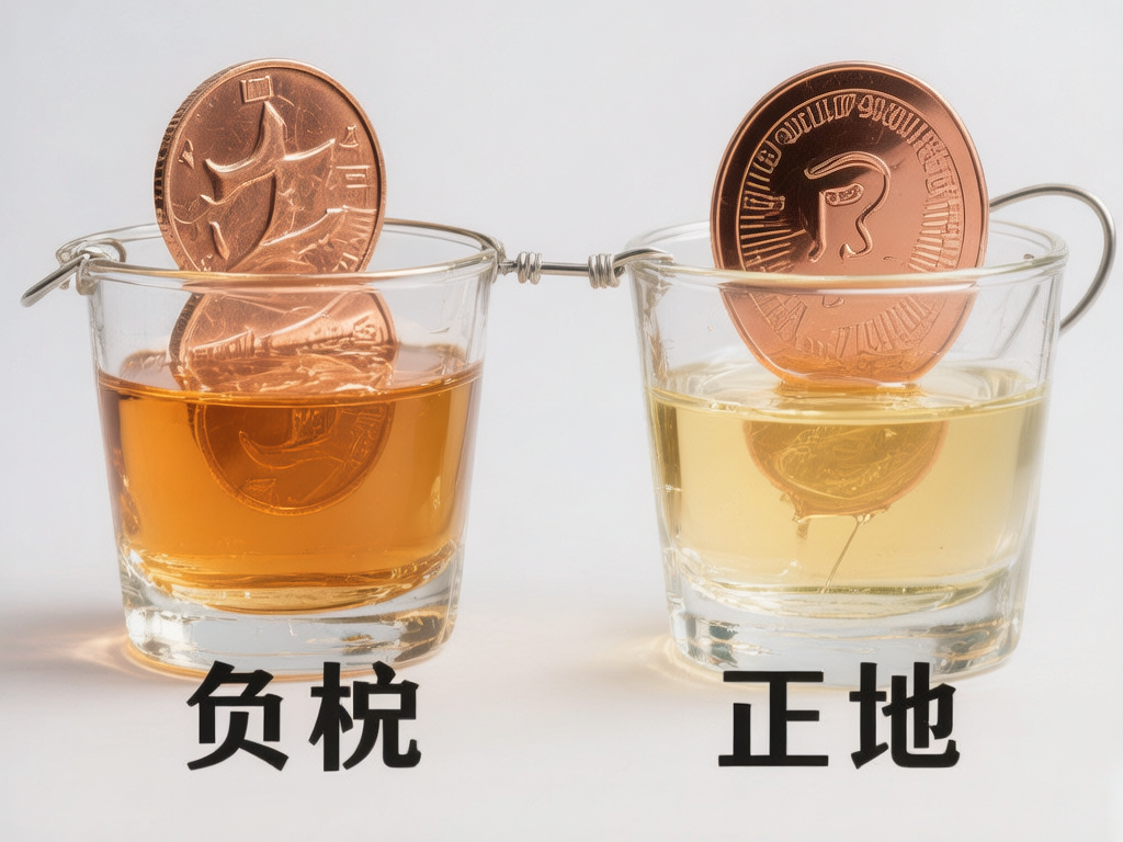 图中展示了两个并排摆放的透明玻璃杯，背景为纯白色。每个杯子里都盛有浅棕色的液体，左侧杯中的液体颜色较深，右侧较浅。两个杯子的边缘通过一根扭曲的金属丝连接在一起。最引人注目的是，每个杯子里都垂直插着一枚巨大的红铜色硬币，硬币的一半浸没在液体中。硬币表面刻有复杂的纹路和类似象形文字的符号。画面下方分别印有黑色的大字，左边是“负杬”，右边是“正地”。

这张图片存在明显的 AI 生成缺陷：首先是文字逻辑错误，下方的四个汉字组合并非真实的词汇，且字体显得生硬；其次是物理透视异常，巨大的硬币能够稳稳地垂直立在杯中而不倒下，且硬币表面的符号模糊不清，不符合真实铸币的特征；连接两个杯子的金属丝结构凌乱，缺乏合理的机械逻辑。此外，硬币在液体中的折射效果也显得不够自然。
