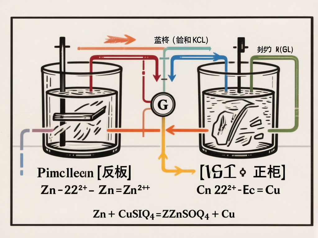 图中展示了一幅试图模拟化学原电池原理的科学示意图。画面背景为米白色，主体由两个装有液体的透明玻璃烧杯组成，左右并列。烧杯之间连接着红、蓝、黄、绿等颜色的线条，代表电流或物质流向，中间有一个带有字母“G”的圆形表盘。图片上方和下方分布着大量文字和化学方程式。然而，这张图存在明显的 AI 生成缺陷：文字内容逻辑混乱，出现了大量拼写错误的英文（如“Pimclleen”）和扭曲变形的伪汉字（如“蓝柊”、“判势”等）；化学方程式也完全错误，出现了不存在的元素符号和不合逻辑的配平，例如将硫酸铜写成“CuSIQ4”。此外，线条的指向杂乱无章，烧杯内的物体形状模糊且不符合物理透视，整体构图虽然模仿了教科书风格，但内容完全不具备科学准确性。