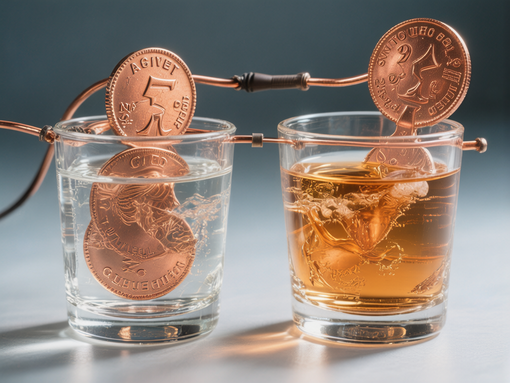 图中展示了一个充满奇幻色彩的科学实验场景。两个透明的玻璃杯并排摆放，左侧杯中盛有透明液体，右侧杯中则是琥珀色的液体。几个巨大的红铜色硬币被粗壮的铜导线连接在一起，并浸入杯中，仿佛在进行某种电化学反应。背景为柔和的灰蓝色，光线从左侧照射，在桌面上投下阴影。

画面中存在明显的 AI 生成缺陷：首先，硬币的形态极不自然，左侧杯中的硬币呈现出扭曲、重叠且半溶解的状态，与液体融合得十分诡异；其次，硬币上的文字和图案是杂乱无章的虚假符号，无法辨认。连接杯子的铜导线在空间逻辑上非常混乱，有的线条凭空穿过杯壁，有的则在连接处出现了结构断裂和模糊。此外，右侧杯子边缘的金属固定件透视错误，看起来像是直接漂浮或嵌入了玻璃之中，缺乏真实的物理支撑感。