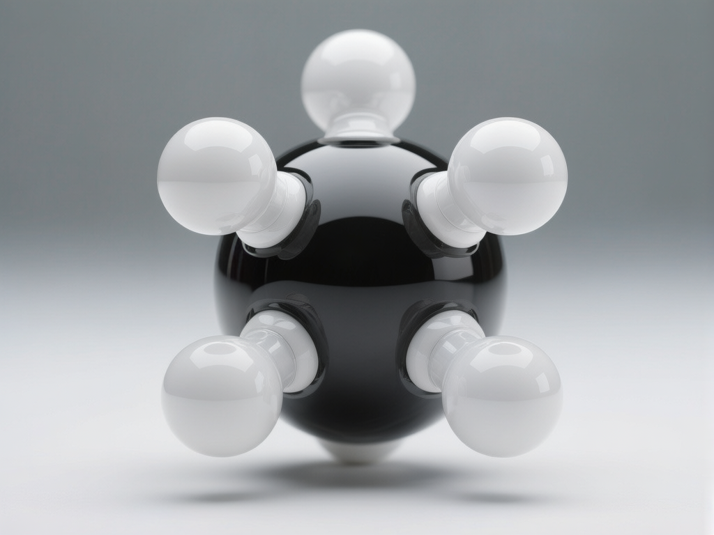 图中展示了一个具有极简主义风格的抽象几何物体，背景为干净的浅灰色渐变。画面的主体是一个巨大的、表面光滑且具有高反光质感的黑色球体。在这个黑色球体的表面，对称地向外延伸出五个较小的白色球体，它们通过类似灯泡底座的短颈结构与中心黑球相连，整体造型酷似一个分子模型或某种现代艺术灯具。颜色对比鲜明，黑白分明，光影效果细腻，球体表面可以看到清晰的环境反光。在 AI 生成的缺陷方面，物体底部的支撑结构显得模糊且不合逻辑，最下方的白色部分似乎直接消失在阴影中，缺乏明确的物理接触点。此外，五个分支球体的排列虽然大致对称，但左侧和右侧的连接处在透视上略显生硬，连接环的厚度并不完全一致。