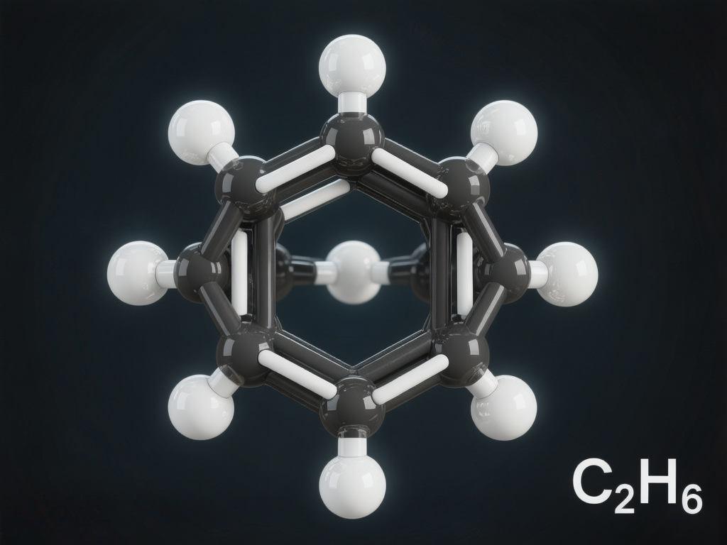 图中展示了一个在深灰色背景下的分子结构模型，采用经典的球棍模型风格。画面中心是一个由黑色球体（代表碳原子）和白色球体（代表氢原子）组成的复杂几何结构，整体呈现出类似双层六边形的立体框架。黑色球体之间通过粗壮的黑色连杆相接，而外围则分布着多个白色小球。右下角印有白色的化学分子式“C₂H₆”。

然而，这张 AI 生成的图片存在明显的科学逻辑错误和视觉缺陷。首先，分子式“C₂H₆”代表乙烷，其结构应非常简单，仅含两个碳原子，但画面中却堆叠了超过十个碳原子，构成了一个错误的复杂多环结构。其次，在细节连接处，部分连杆的透视关系混乱，甚至出现了连杆直接穿透球体或悬空的现象。右下角的文字虽然清晰，但与图像内容完全不符，属于典型的 AI 逻辑错误。