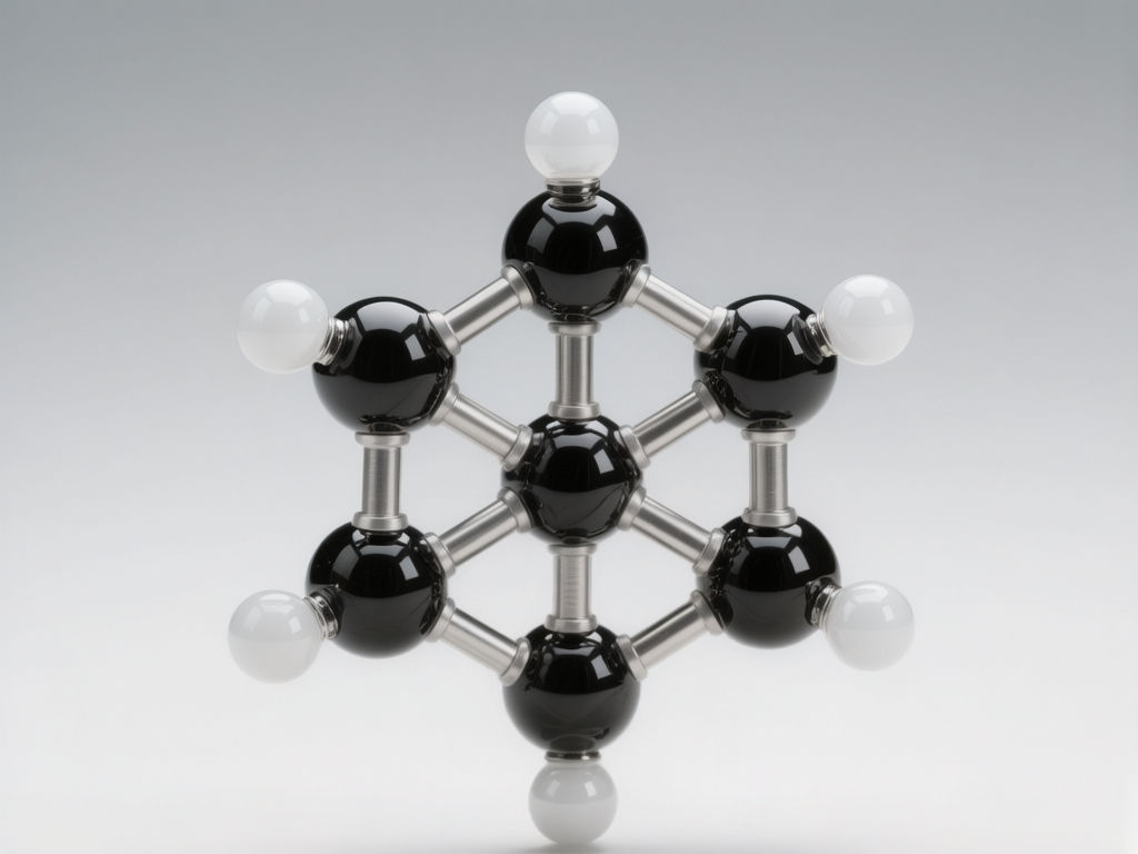 图中展示了一个悬浮在浅灰色渐变背景前的分子结构模型。该模型由黑白两色的球体和银色金属质感的连接杆组成。中心是一个黑色的球体，周围环绕着六个黑色球体，形成一个六边形结构，每个外围黑球又连接着一个较小的白色球体。球体表面光滑，带有明显的反光亮点，整体呈现出一种工业设计感。然而，画面中存在明显的 AI 生成逻辑错误：从科学角度看，这个分子结构并不符合现实中的化学键规律，连接杆的分布过于对称且机械化。此外，仔细观察可以发现，部分连接杆与球体的接触点显得生硬，缺乏真实的物理嵌入感，且最下方的白色球体与黑色球体的连接处出现了轻微的阴影重叠异常，显示出 AI 在处理复杂几何连接时的透视缺陷。