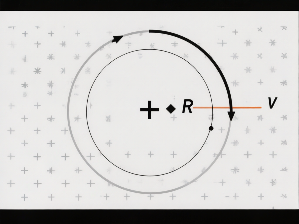 图中展示了一张具有极简主义风格的几何图表，背景为浅灰色，布满了模糊且不规则的十字星状底纹。画面中心是一个由细黑线构成的正圆，圆心处有一个粗大的黑色加号。在圆心右侧，标有字母“R”和一个菱形符号，并向右延伸出一条橙色的水平线段，末端标有字母“V”。圆外围环绕着一个更大的圆环，其上半部分由粗黑线构成并带有指向顺时针方向的箭头，其余部分则为浅灰色。

这张图片存在明显的 AI 生成缺陷：背景中的十字和星形符号排列杂乱且清晰度不一，呈现出一种类似手绘涂鸦的脏乱感，而非精确的矢量图形。圆心处的加号与右侧的菱形、字母排列显得局促且缺乏数学严谨性。橙色线段与圆周的交汇处缺乏明确的几何逻辑，整体构图虽然试图模仿科学示意图，但细节上的模糊和不规则线条暴露了其非人工设计的本质。