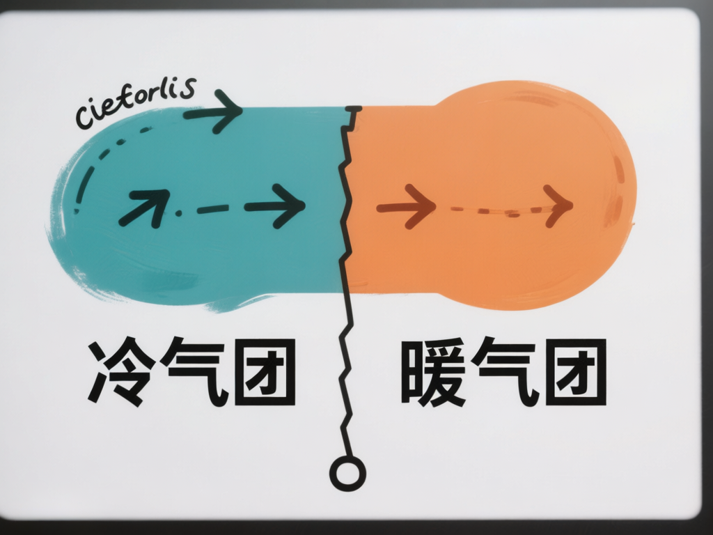 图中展示了一张关于气象概念的示意图，背景为纯白色。画面中央是一个胶囊形状的色块，左侧为青蓝色，右侧为橙黄色，中间由一条黑色的锯齿状竖线分隔。青蓝色区域下方标有黑色的“冷气团”字样，橙黄色区域下方则标有“暖气团”字样。色块内部绘有多个黑色的箭头，示意气流的方向，整体呈现出从左向右移动的趋势。在左上角有一串手写体样式的英文字符“Cieforlis”。这张图片存在明显的 AI 生成缺陷：首先，文字“冷气团”和“暖气团”中的“团”字结构异常，笔画扭曲且不符合标准汉字书写；其次，左上角的英文单词拼写无实际意义，且笔触粗细不均；中间的锯齿分隔线在底部连接了一个多余的圆圈，逻辑不明；色块边缘的涂抹痕迹显得较为粗糙，缺乏专业绘图的平滑感。