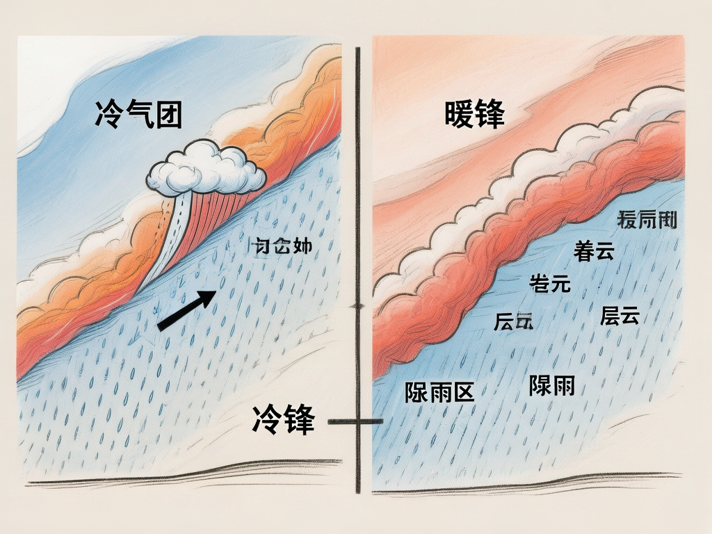 图中展示了一幅关于气象学中“冷锋”与“暖锋”原理的对比示意图，采用手绘插画风格。画面被中间的一条黑线分为左右两个部分。左侧标注为“冷气团”和“冷锋”，展示了蓝色冷空气向下俯冲，将橙红色的暖空气抬升，并伴有密集的雨滴和黑色箭头指示方向；右侧标注为“暖锋”，展示了橙红色的暖气团沿斜坡爬升在蓝色冷气团之上，下方同样有降雨区域。色彩上以冷蓝色和暖橙色形成鲜明对比。然而，作为 AI 生成的图片，画面中存在明显的文字错误和逻辑缺陷：大部分标注文字为乱码或错别字，例如“层云”被写成“层坛”、“降雨”写成“际雨”，甚至出现了无法辨认的虚假汉字。此外，冷锋和暖锋的物理结构表现不够严谨，云层的分布与实际气象规律存在偏差，仅能作为艺术化的示意参考。