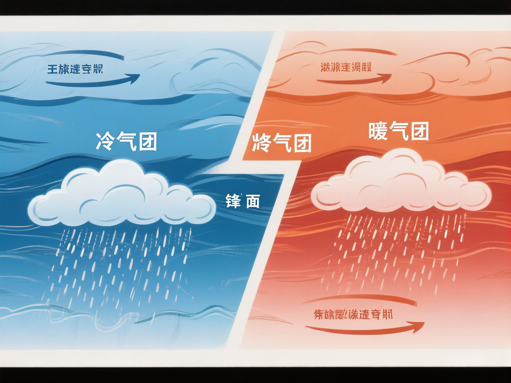 图中展示了一幅关于气象学中锋面系统的科普示意图，采用左右对峙的构图方式。画面左侧以冷色调的蓝色为主，标注有“冷气团”字样，上方绘有深蓝色箭头表示气流方向；右侧则以暖色调的橙红色为主，标注有“暖气团”字样。左右两部分由一条曲折的白色粗线隔开，中间标注为“锋面”。两侧各有一朵正在降雨的白云，雨滴呈白色短斜线状落下。然而，画面中存在明显的 AI 生成缺陷：文字内容混乱，除了清晰的“冷气团”、“暖气团”和“锋面”外，其余如“将气团”以及画面边缘的几行小字均为无法辨认的乱码或错别字；云朵下方的雨滴分布过于机械且透视略显生硬；背景的线条纹理也存在不自然的断裂和重叠。