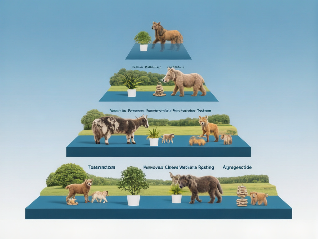 画面中展示了一个由四层蓝色阶梯组成的金字塔形结构，背景是淡蓝色的渐变虚空。每一层阶梯上都摆放着微缩的自然景观，包括绿色的树木、盆栽植物以及各种毛茸茸的动物模型。从底层到顶层，动物的体型逐渐增大，数量逐渐减少。底层有类似小熊和幼崽的生物，而顶层则是一只体型较大的棕色长毛野兽。画面整体色调清新，以蓝、绿、棕色为主。

然而，图中存在明显的 AI 生成缺陷：首先，所有层级上方的文字标签均为无法辨认的乱码字符，缺乏实际含义；其次，动物的形态存在逻辑错误，例如多处动物的腿部线条模糊，甚至与地面融合，部分小动物的身体结构扭曲，看起来像是不规则的毛团；此外，盆栽植物与背景的透视关系不自然，有些植物像是悬浮在台阶边缘。整体构图虽然整齐，但细节处充满了人工智能生成的随机感和形体畸变。
