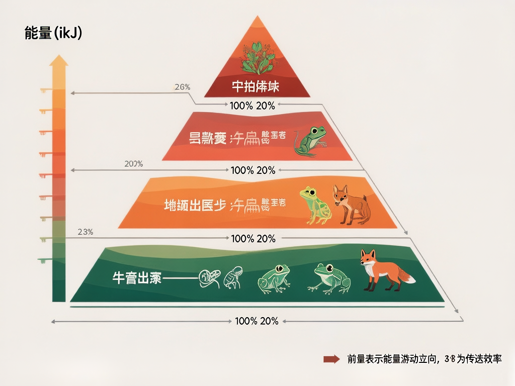 画面中展示了一张关于生态系统能量金字塔的科普信息图。构图中心是一个由四层组成的三角形金字塔，颜色从底部的深绿色向上过渡为浅绿、橙色，顶端为红色。每一层都绘有动植物插图，包括底层的狐狸、青蛙和昆虫，以及上层的植物和小型动物。金字塔左侧有一个垂直的彩色能量刻度条，标有“能量 (ikJ)”字样。背景为简洁的米白色，整体风格类似教科书插图。

然而，这张图片存在明显的 AI 生成缺陷：画面中的文字大多是无法辨认的乱码或扭曲的伪汉字，例如底层标注的“牛膏出藻”以及上方各层中类似中文但无实际意义的符号。此外，生物逻辑存在严重错误，通常位于食物链顶端的狐狸却出现在了金字塔的最底层，且部分动物的肢体线条模糊、结构不自然。右下角的说明文字也包含错别字和逻辑不通的表述，无法传递准确的科学信息。