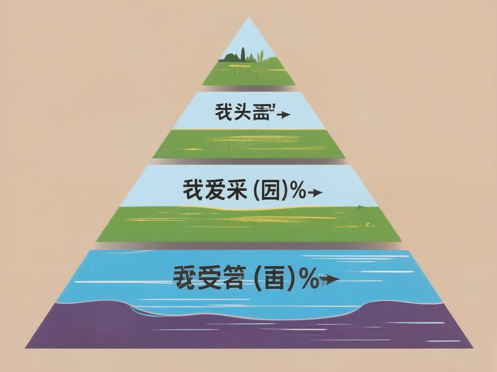 图中展示了一个位于浅米色背景中央的正三角形金字塔图表。金字塔被水平切分为五个层级，每一层都带有轻微的投影效果，营造出悬浮的立体感。从顶端到底部，各层级内部填充了不同的自然景观元素：最顶端是微缩的绿色山丘与树木；中间两层交替使用淡蓝色天空和翠绿色草地的色块；最底层则呈现出深蓝色的水面与紫褐色的土地。画面构图简洁对称，色彩清新自然。然而，作为 AI 生成的图片，其文字部分存在明显的缺陷：每一层都印有黑色的中文字符和百分比符号，但这些文字逻辑混乱，包含大量无法辨认的错别字和扭曲的笔画，例如“我头”、“我爱采”、“我受”等字样混合了奇怪的符号与箭头，完全不具备实际的语义表达功能，属于典型的 AI 文字生成错误。