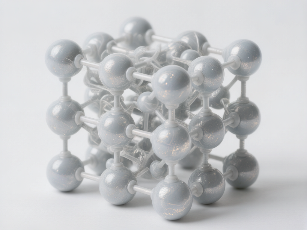 图中展示了一个放置在纯白色背景上的分子结构模型。这个模型呈立方体形状，由许多浅灰蓝色的圆球和连接它们的白色短棒组成。圆球表面带有细微的金色斑点，呈现出类似大理石或抛光石材的质感，光泽柔和。构图上采用了浅景深效果，前景的圆球清晰可见，而后方的结构则逐渐模糊。然而，画面中存在明显的 AI 生成缺陷：立方体内部的连接逻辑非常混乱，原本应是规律的几何支架，在中心区域却出现了大量扭曲、缠绕且无意义的丝状物和断裂的连接杆；部分圆球的连接处显得生硬或重叠，缺乏真实物理模型的严谨性，整体结构在透视和空间逻辑上显得不够自然。