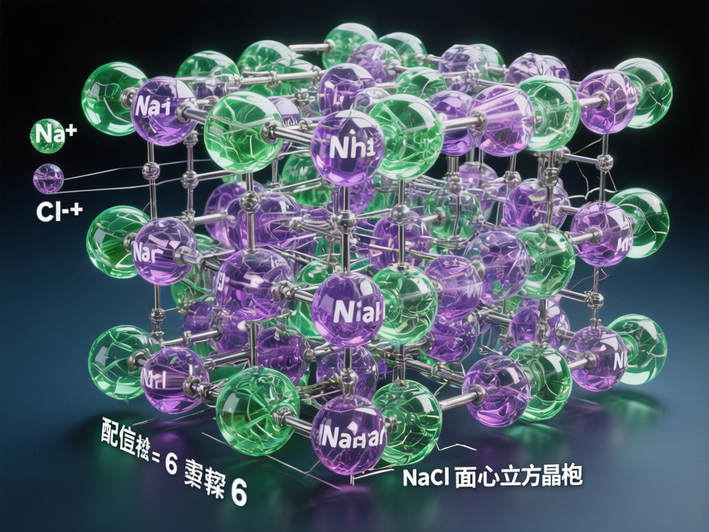 图中展示了一个试图表现氯化钠（NaCl）面心立方晶体结构的 3D 模型。画面中心是一个由大量紫色和绿色透明球体组成的立方阵列，球体之间由银色金属质感的细杆连接，背景为深蓝色调。左侧有化学符号标注，下方配有中文说明文字。

然而，作为 AI 生成的图像，该图存在严重的科学逻辑和视觉缺陷。首先，文字标注混乱且错误：左侧将氯离子误标为“Cl-+”，下方的中文出现了“配值检”、“索帮”等无法理解的错别字；球体内部的字母如“Nai”、“NiaH”等均为无意义的乱码。其次，结构逻辑错误：在真实的 NaCl 模型中，钠离子和氯离子应交替排列，但图中球体的颜色分布杂乱，连接杆的穿插关系极不规律，部分细杆悬空或扭曲。此外，球体表面的反光和内部纹理显得破碎且不自然，整体透视感在立方体边缘处显得模糊且不协调。