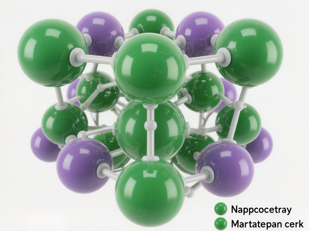 图中展示了一个复杂的分子或晶体结构模型，背景为纯净的白色。模型由许多绿色和紫色的球体组成，这些球体通过白色的细杆相互连接，形成了一个类似立方体或多面体的几何框架。球体表面具有平滑的高光反射，看起来像是塑料或陶瓷材质，且带有一些细微的磨损痕迹。画面右下角有两行黑色的英文标签，旁边附带绿色的圆点示例，但文字内容如「Nappcocetray」和「Martatepan cerk」并非真实的科学术语，属于 AI 生成的乱码。在 AI 生成缺陷方面，模型的空间逻辑存在明显异常：部分连接杆的穿插位置不符合物理透视，有的杆件在连接处断开或凭空消失，且球体之间的排列缺乏严谨的对称性，使得整体结构在科学逻辑上显得混乱且不成立。