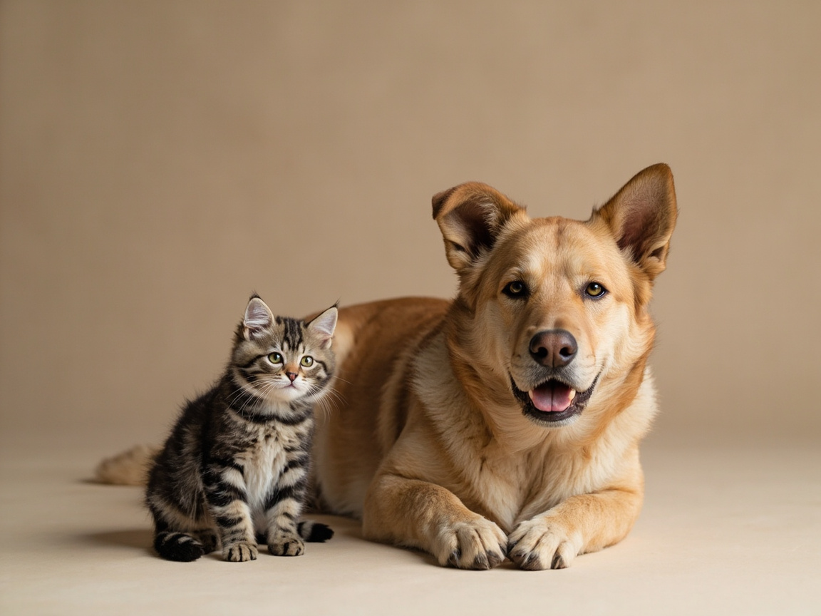 图中展示了一只成年大狗和一只小猫并排坐卧在纯净的浅棕色背景前。位于画面右侧的大狗体型健硕，毛色呈金棕色，它正趴在地上，张开嘴巴露出粉红色的舌头，神情憨厚温顺。左侧是一只娇小的虎斑小猫，身上布满了黑褐相间的条纹，它端正地坐着，圆圆的眼睛好奇地注视着前方。整体色调温暖和谐，构图简洁，营造出一种跨物种的温馨氛围。

然而，画面中存在几处明显的 AI 生成缺陷：首先，大狗的左耳（画面右侧）显得异常巨大且厚重，与右耳的比例和形状严重失调；其次，大狗的两只前爪交叠处结构模糊，脚趾的数量和分布不符合解剖学逻辑；最后，小猫的尾巴末端与大狗的身体连接处处理得不够自然，边缘显得有些生硬。尽管存在这些细节瑕疵，画面的光影效果依然非常柔和。