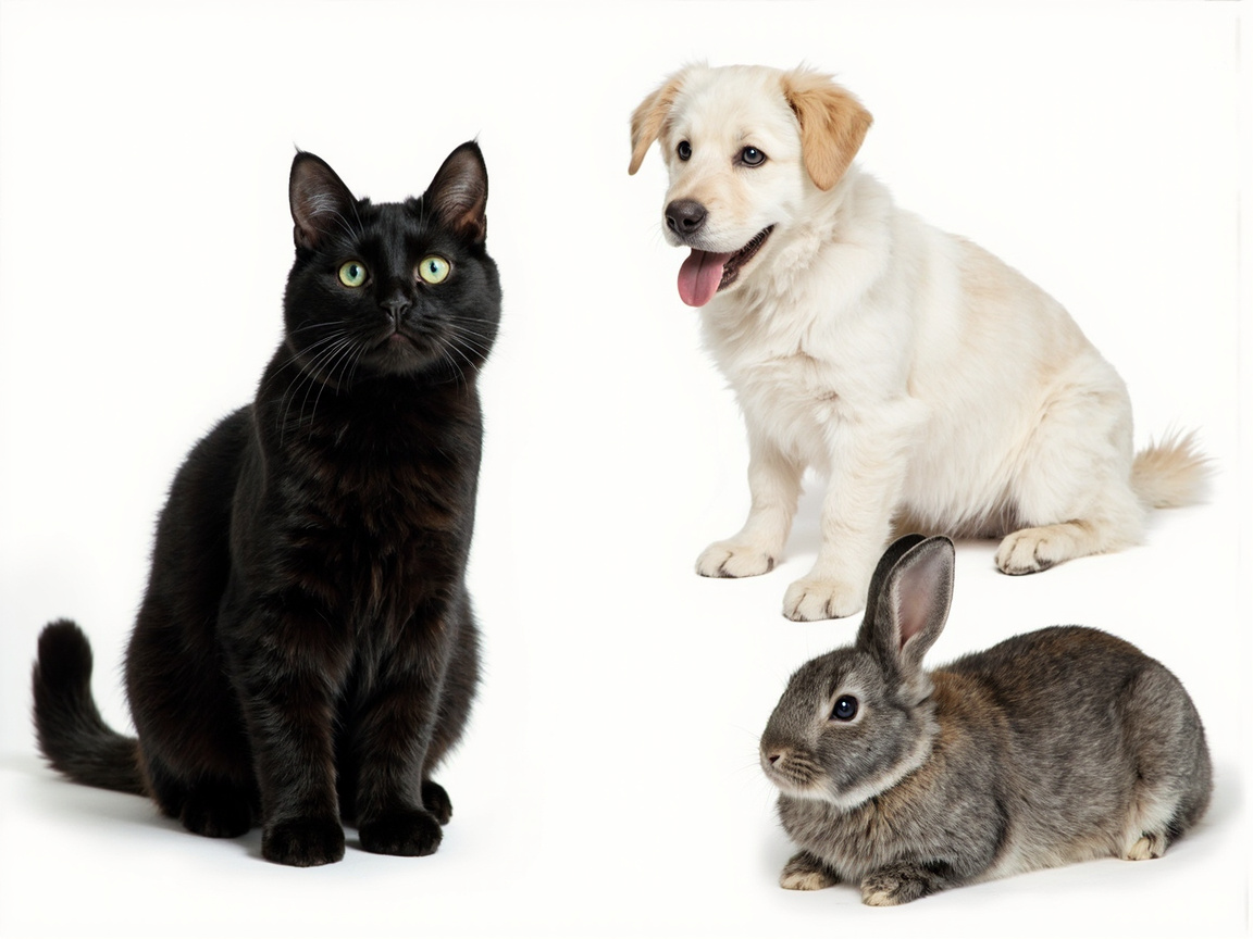 图中展示了三只可爱的小动物，它们在纯白色的背景下呈三角形构图排列。画面左侧是一只通体漆黑的猫，正端坐着看向前方，它有着明亮的绿色眼睛和细长的胡须。右上角是一只浅奶油色的小狗，它张着嘴吐出粉红色的舌头，表情憨态可掬。右下角则是一只灰褐色的兔子，安静地趴伏在地面上。

画面呈现出明显的 AI 生成痕迹和逻辑缺陷：首先，三只动物的比例极不协调，猫的体型看起来比旁边的小狗还要大，而兔子的尺寸也接近成年猫的大小，缺乏真实的透视关系。其次，光影表现不一致，每只动物下方的阴影方向和深浅各异，像是生硬拼接在一起的。细节上，小狗的后腿线条模糊，与身体的连接处显得不够自然，且左侧黑猫的尾巴末端形状略显生硬。整体画面虽然色彩明快，但缺乏真实场景中的互动感。