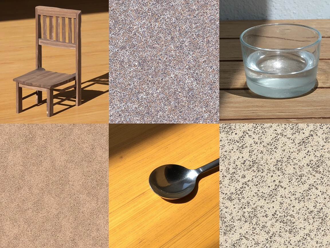 图中展示了一组由六张正方形小图组成的拼贴画面，呈现了日常生活中的静物与材质纹理。左上角是一把深褐色的微型木质椅子，放置在亮黄色的木纹地板上，投射出清晰的阴影；中上、左下和右下三张图分别展示了不同颗粒感的材质，颜色涵盖了灰褐色、浅米色和带有黑点的米白色，看起来像是石材或喷砂表面。右上角是一个盛有半杯透明液体的玻璃杯，置于木质台面上；中下部则是一个金属勺子的局部，斜放在明亮的黄色木纹面上。画面整体色调温暖，光影对比强烈。

作为 AI 生成的图像，画面存在明显的逻辑缺陷：左上角木椅的阴影与椅腿结构不匹配，阴影线条显得杂乱且断裂；右上角玻璃杯中的水面透视异常，杯底边缘与台面的接触显得生硬；中下部勺子的柄部在画面边缘戛然而止，缺乏自然的延伸感。此外，几张材质图的纹理分布过于均匀，缺乏自然界中随机的瑕疵感。