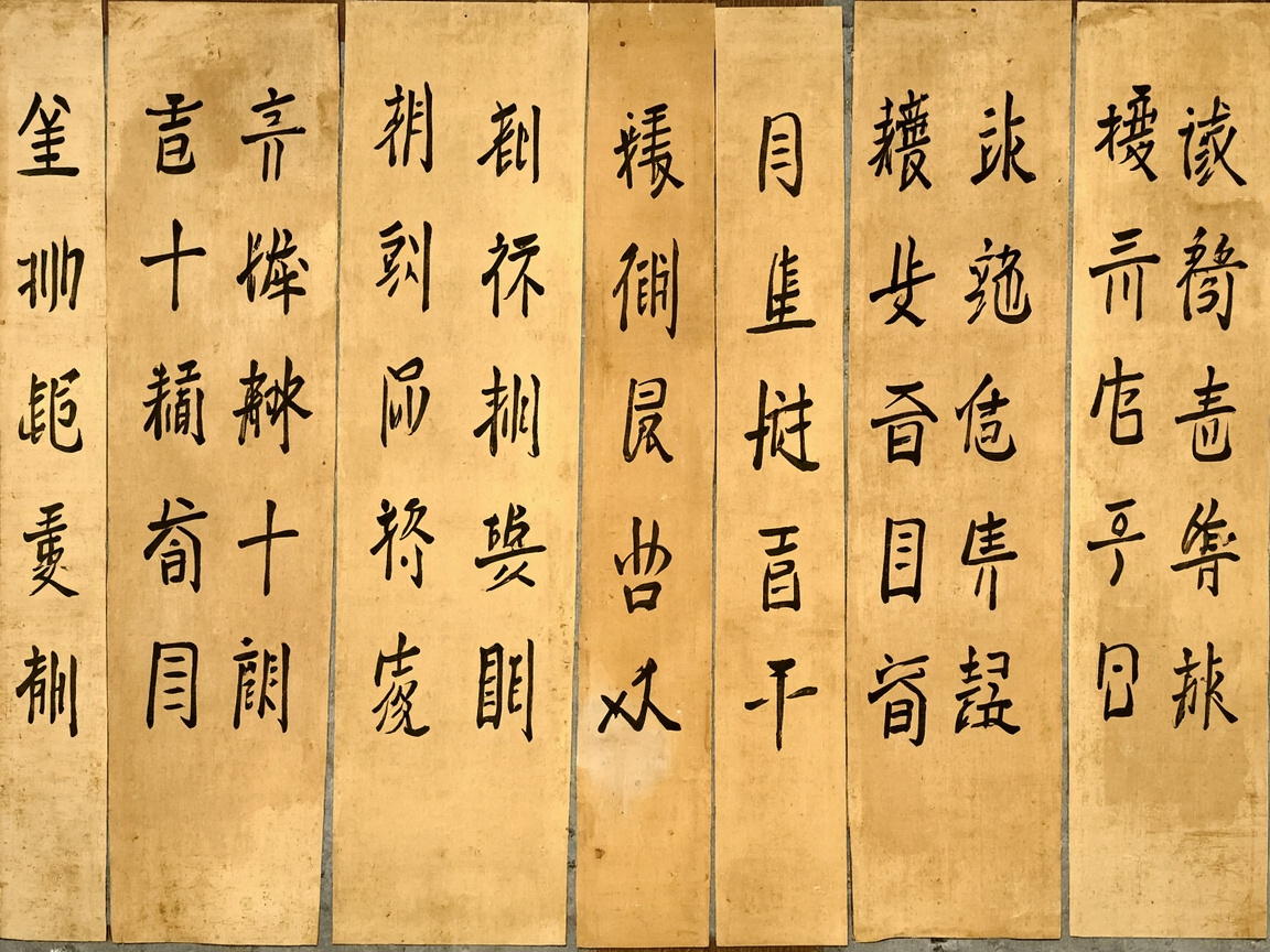 画面中展示了八条并排排列的竖长形纸张，呈现出一种仿古书法条幅的视觉效果。背景色为深浅不一的古黄色，带有明显的做旧质感和斑驳的纹理。每张纸条上都用黑色墨水书写着类似汉字的符号，字体介于行书与楷书之间，笔画流畅，疏密有致。构图上，这些条幅整齐地从左向右铺满画面，给人一种严谨的艺术陈列感。

然而，这幅画作存在明显的 AI 生成缺陷：画面中的所有“文字”虽然在结构和笔画上极度模仿汉字，但实际上全都是无法辨认、不存在的伪汉字。这些符号由随机的偏旁部首错误地组合而成，没有任何实际意义。此外，部分纸条的边缘衔接处显得过于生硬，缺乏真实纸张重叠或排列时的自然阴影与厚度感。这种“似是而非”的文字特征是典型的 AI 视觉生成错误，无法进行真实的阅读。