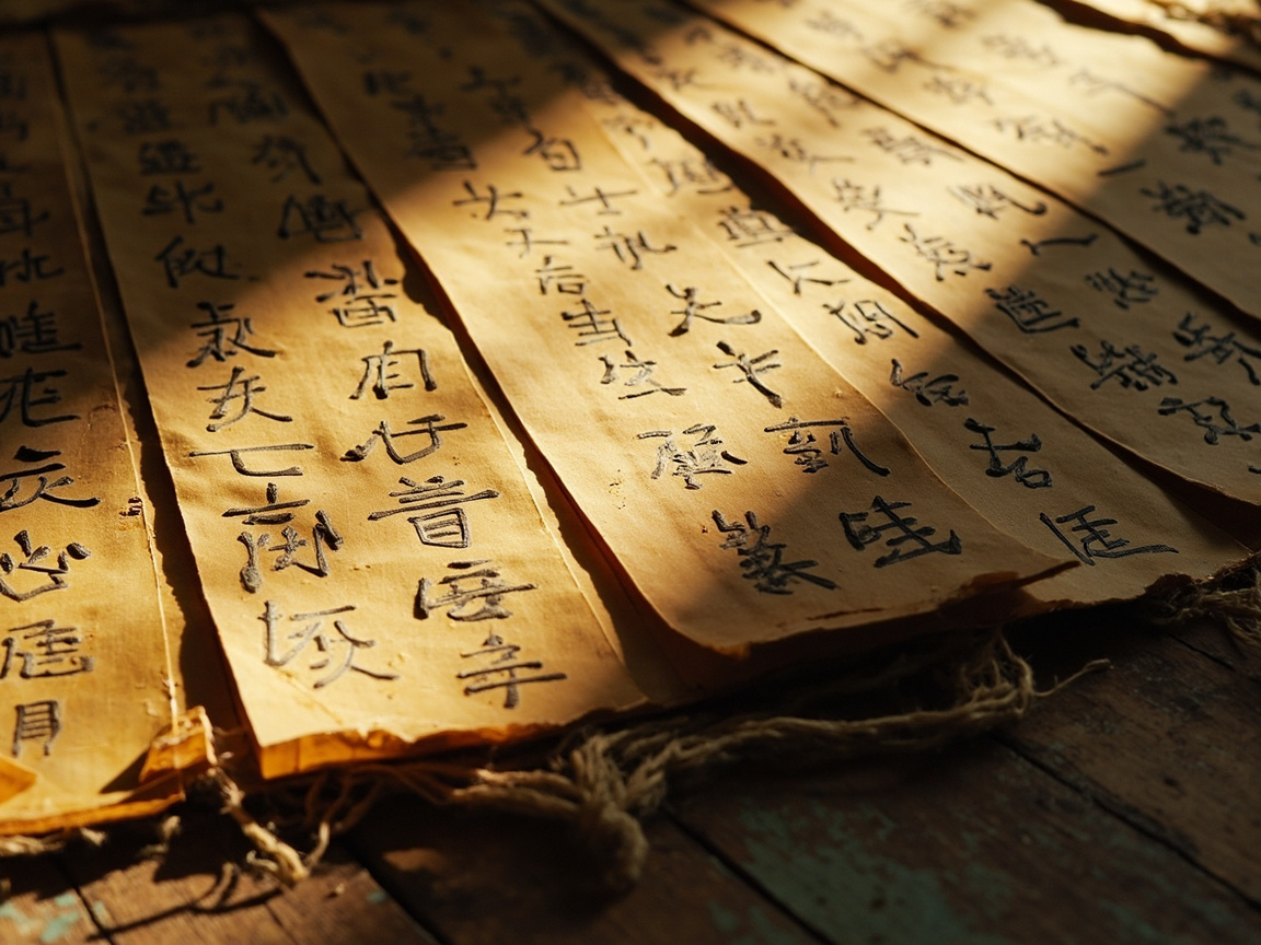 画面中展示了几卷并排铺开的古旧黄色纸张或帛书，放置在粗糙的木质表面上。阳光从右上方斜射而入，在纸面上形成了明亮的金色光斑与深沉阴影的强烈对比，营造出一种沧桑且静谧的历史感。纸张边缘略显破损，下方露出了几缕散乱的麻绳。纸上写满了黑色的书法字体，看起来像是汉字，但仔细观察可以发现明显的 AI 生成缺陷：这些字符大多是无意义的笔画堆砌，并非真实的汉字，结构混乱且无法辨识，部分笔画在阴影处显得模糊或扭曲。整体构图采用斜向透视，焦点集中在画面中央被阳光照亮的文字区域，背景和边缘则逐渐虚化。