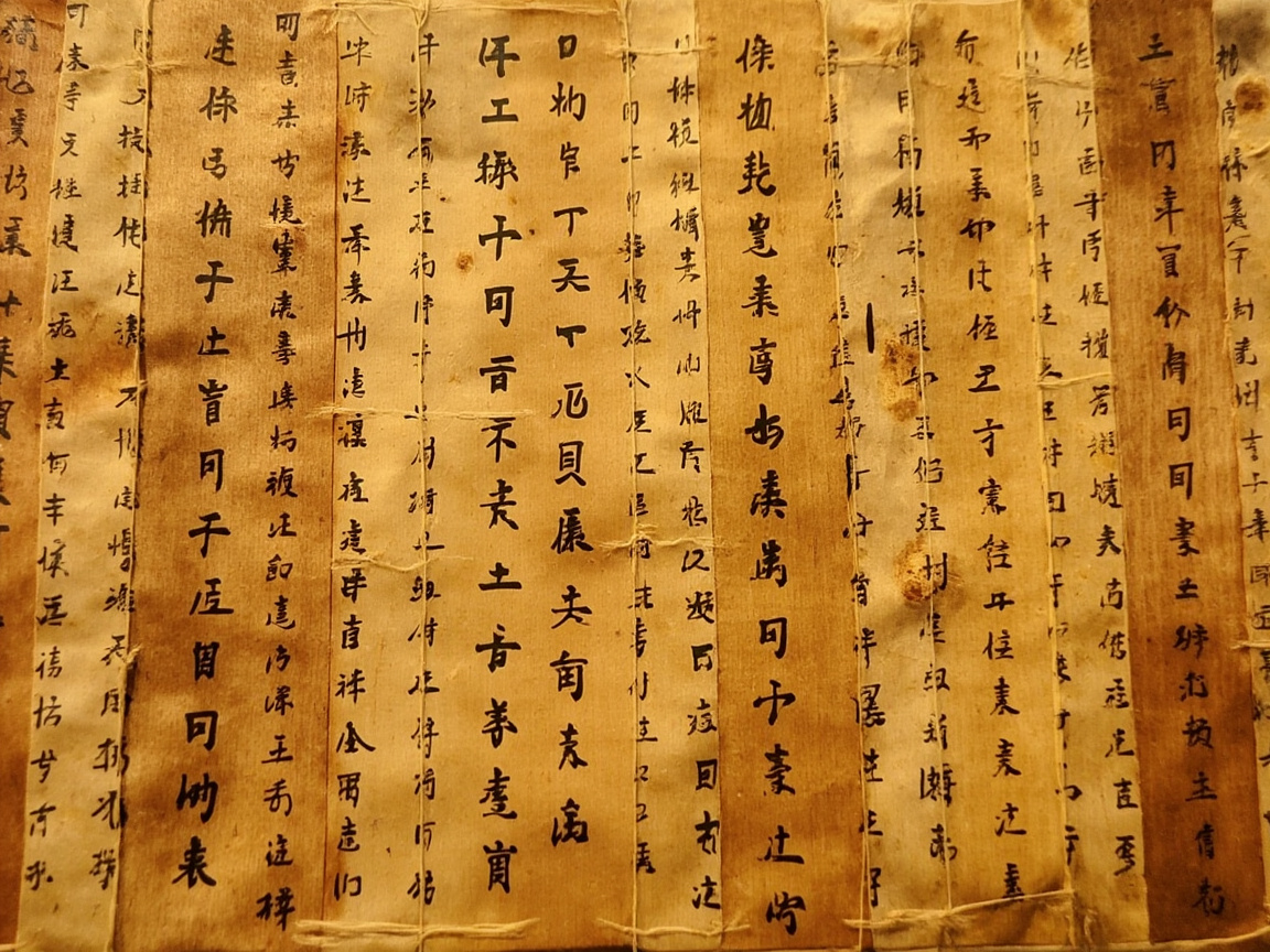 画面中展示了一张模仿古代竹简或木牍样式的书写卷轴。背景色调呈现出深浅不一的古旧黄色与褐色，带有明显的受潮霉斑、褶皱和磨损痕迹，营造出一种历经沧桑的考古质感。画面由多条垂直的板片组成，板片之间似乎有细线连接。文字以黑色墨迹书写，排列成行，字迹模仿中国古代的隶书或简牍书法，笔画粗细有致。

然而，这张图片具有明显的 AI 生成缺陷：虽然字形看起来像汉字，但仔细观察会发现，绝大多数文字都是由随机笔画堆砌而成的“伪汉字”，无法实际阅读，缺乏真实的语义逻辑。此外，板片之间的连接线分布不均且透视关系混乱，部分线条在板片边缘凭空消失或断裂。文字的墨迹分布过于均匀，缺乏真实毛笔书写时的枯笔或渗墨变化，整体呈现出一种数字合成的违和感。