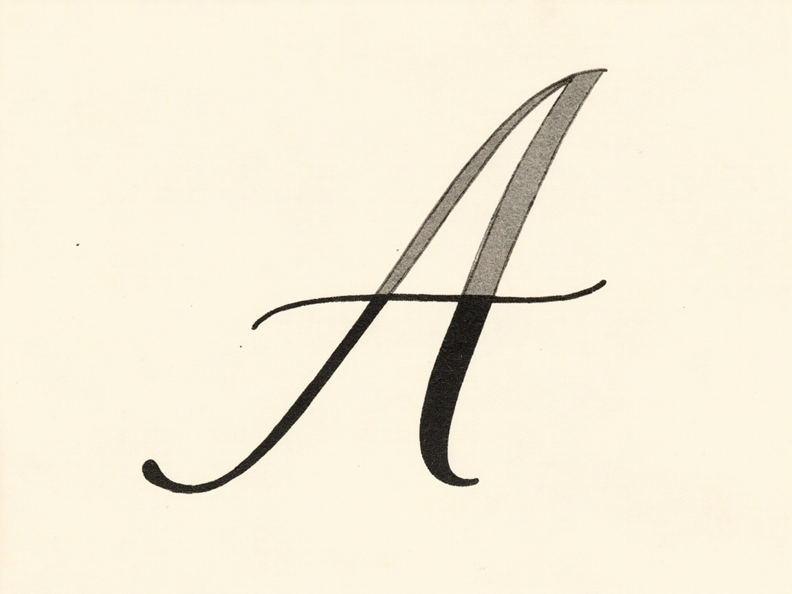 画面中展示了一个手写体风格的大写英文字母“A”，背景是干净的米白色，具有纸张的质感。这个字母位于画面中央，采用了优雅的斜体书法设计。字母的线条粗细变化明显，左侧的斜杠较细且带有优美的弧度，右侧的斜杠则显得厚重有力。中间的横杠是一条轻微波动的细线，向两侧延伸。在色彩表现上，字母呈现出一种独特的渐变或分层效果：上半部分是带有颗粒感的灰色，而下半部分则是深沉的纯黑色，两者在横杠位置交汇。

作为一张 AI 生成的图片，画面中存在一些明显的逻辑缺陷。最突出的问题在于字母结构的重叠逻辑异常：中间的横杠本应穿过两侧斜杠，但在右侧交汇处，横杠的线条似乎与斜杠的边缘生硬地融合在了一起，缺乏真实书写时的层次感。此外，字母上半部分的灰色阴影边缘略显毛糙，与下半部分平滑的黑色色块在衔接处显得不够自然，且左侧背景中出现了几个孤立的微小黑点，属于典型的 AI 生成噪点。
