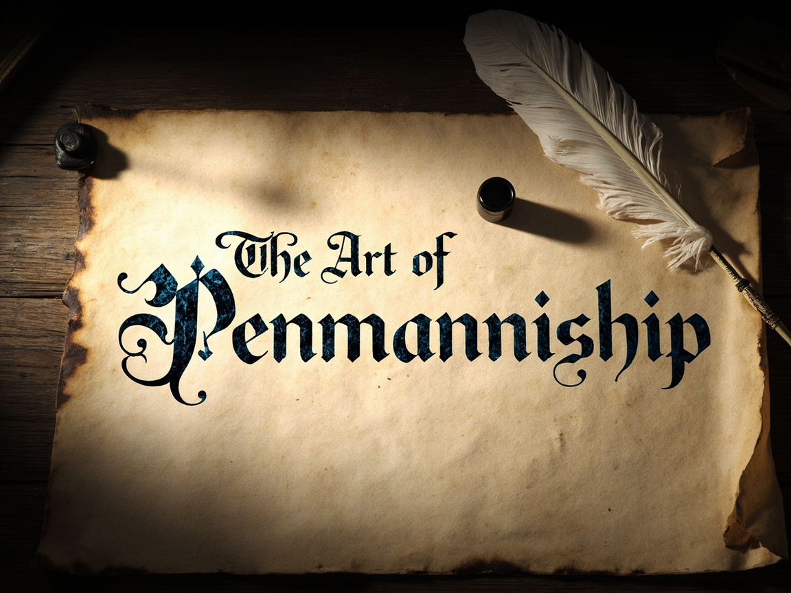 图中展示了一张具有复古质感的羊皮纸，平铺在深色的木质桌面上。纸张边缘呈现出焦黑的灼烧痕迹，色调发黄，充满了年代感。纸张中央印有哥特风格的艺术字体，写着“The Art of Penmanship”（书法艺术），文字呈现出深蓝色并带有类似大理石的纹理。纸张的右上角斜放着一支洁白的羽毛笔，其羽毛纹理清晰，笔尖指向画面右侧。左上角和纸张中部各有一个黑色的墨水瓶或镇纸类物体。

在 AI 生成的细节方面，画面存在一些逻辑和透视上的异常：首先，文字“Penmanniship”中多了一个字母“n”，正确的拼写应为“Penmanship”。其次，羽毛笔的笔杆部分在接近纸张边缘处显得有些生硬，缺乏自然的重力支撑感。纸张左上角的黑色物体形状模糊，与纸张的接触关系不够自然，阴影投射的方向与画面整体的光源逻辑略有出入。整体构图虽然营造了优雅的古典氛围，但文字拼写错误是较为明显的 AI 痕迹。