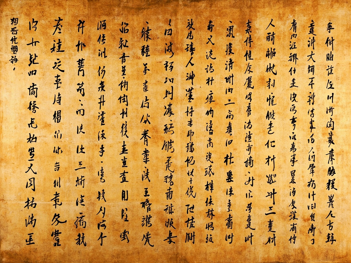 图中展示了一幅模仿中国古代书法作品的画面。背景呈现出深浅不一的土黄色，带有明显的做旧质感，仿佛是经过岁月沉淀的古老宣纸或绢本，纸面上有细微的纹理和不规则的斑驳色块。画面主体由多行竖排书写的黑色行草字体组成，字迹错落有致，笔触流畅，试图营造出传统书法的艺术韵味。然而，作为 AI 生成的图像，画面存在明显的逻辑缺陷：虽然字体结构在视觉上模仿了汉字，但仔细观察可以发现，绝大多数“文字”都是由随机线条组成的伪汉字，无法实际阅读，缺乏真实的笔画逻辑和语义。此外，部分字迹的边缘出现了不自然的模糊，且整幅作品没有落款、印章等传统书法必备的元素，构图显得过于均匀且机械。