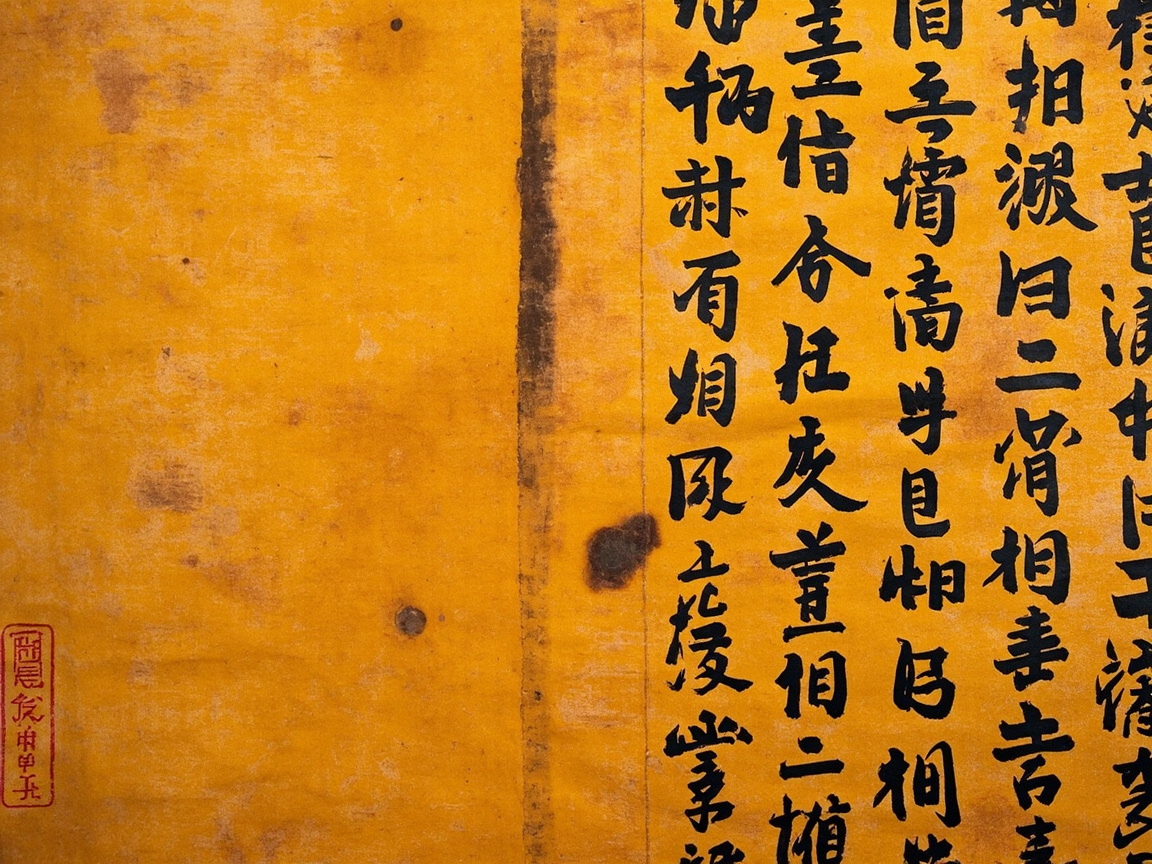 图中展示了一幅模拟古代书法卷轴的近景画面。背景呈现出深黄色且带有陈旧感的纸张质地，纸面上有许多不规则的褐色斑点、折痕和类似水渍的污迹，试图营造出一种饱经沧桑的历史感。画面右侧分布着几列繁体中文字符，采用黑色墨迹书写，笔触模仿了毛笔书法的顿挫与连笔。左下角盖有一枚红色的方形仿古印章。构图上，文字集中在右侧，左侧留有大面积的空白。

然而，画面中存在明显的 AI 生成缺陷：首先，右侧的文字虽然看起来像汉字，但仔细观察会发现绝大多数笔画结构是混乱且无意义的“伪汉字”，无法组成真实的词句；其次，左下角的红色印章内的字符也完全模糊扭曲，不具备真实的篆刻特征；此外，纸张中央有一条垂直的深色焦灼痕迹，其边缘过渡生硬，显得不够自然。