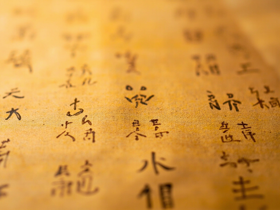 图中展示了一张近距离拍摄的古风卷轴或宣纸，背景呈现出温暖的土黄色，质感粗糙，带有明显的纤维纹理。画面采用了极浅的景深效果，只有中心位置的一小部分文字清晰可见，四周则逐渐模糊，营造出一种历史的厚重感和朦胧的意境。纸张上布满了黑色的毛笔书法字体，排列成行。然而，作为 AI 生成的图像，画面中的文字存在明显的逻辑缺陷：虽然笔触模仿了汉字的撇捺钩折，但绝大多数“字”都是无法辨认的伪汉字，结构凌乱且无实际意义。部分字符出现了笔画断裂、不自然重叠以及偏旁部首随意组合的现象。整体构图斜向延伸，光影柔和，试图传达一种古籍文献的视觉氛围，但文字内容的失真揭示了其 AI 生成的本质。