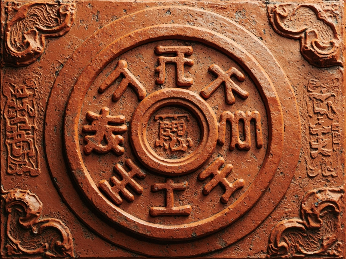 图中展示了一块正方形的红褐色陶质或砖质浮雕，整体呈现出古朴的金属或黏土质感，色调沉稳且带有斑驳的岁月痕迹。构图采用中心对称布局，核心是一个由多重圆环组成的圆形图案。圆环中心刻有一个复杂的符号，四周环绕着六个类似古汉字或篆书的字符，这些字符呈放射状排列。正方形的四个角落雕刻着卷草纹或祥云纹样，左右两侧还隐约可见长条状的印章式纹饰。

画面中存在明显的 AI 生成缺陷：最显著的问题在于文字内容，虽然这些字符在笔画和结构上模仿了中国古代书法（如小篆或金文），但它们实际上是不可读的“伪文字”，缺乏真实的字形逻辑。此外，边缘的装饰纹样在细节上显得有些模糊和随机，左右两侧的条形纹饰并不完全对称，且部分刻痕的深浅分布不符合自然风化的规律，显示出算法生成的痕迹。