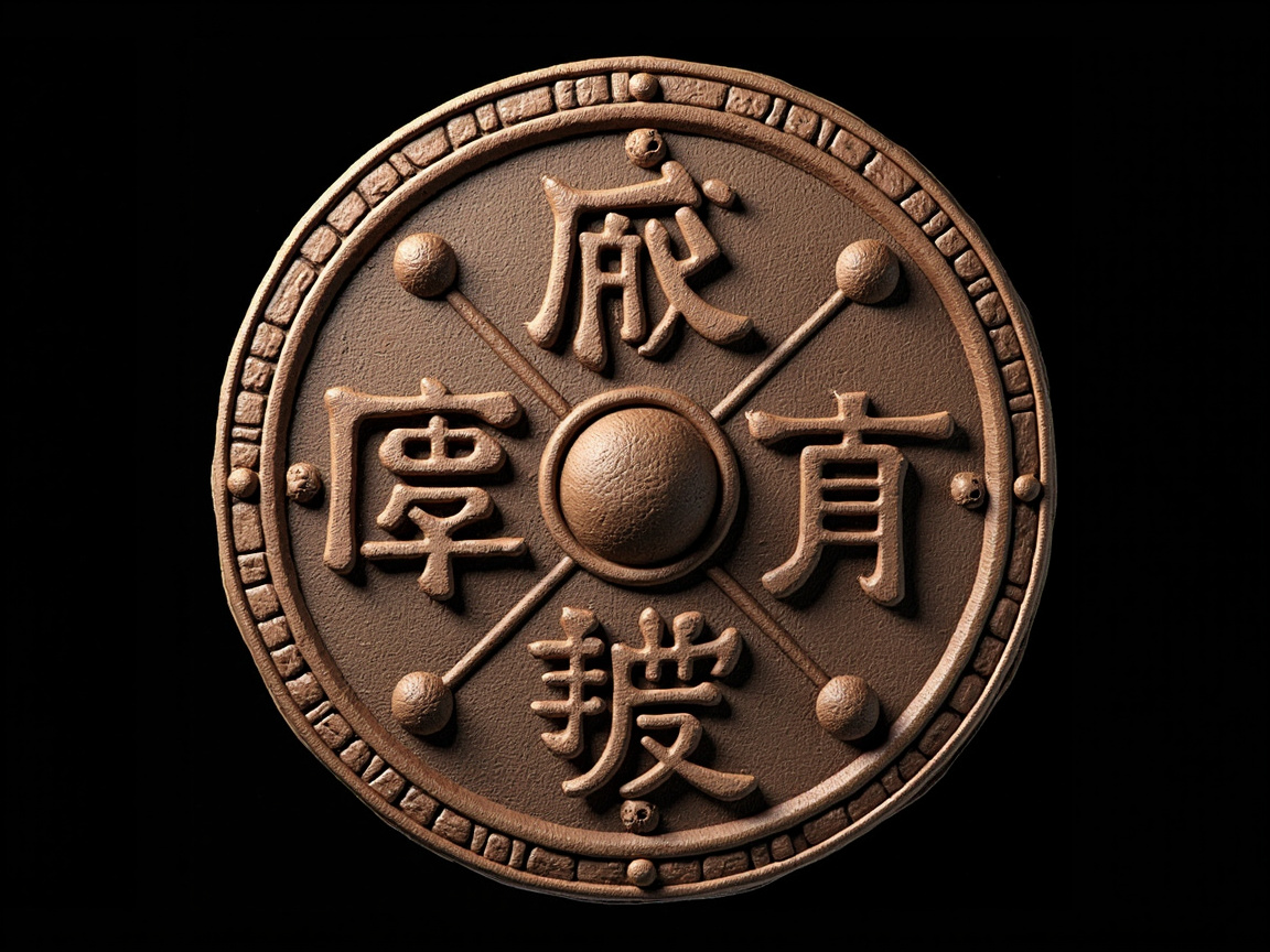 画面中展示了一个圆形的棕褐色浮雕物件，背景为纯黑色。这个物体看起来像是陶土或青铜材质，表面带有粗糙的颗粒感。圆盘中心有一个凸起的半球体，四周被四条呈放射状的细线平分为四个区域。每个区域内都刻有一个类似汉字的符号，整体构图模仿了中国古代的方孔钱币或瓦当。圆盘的边缘有一圈由矩形色块组成的装饰边框，并点缀着若干小圆球。

然而，这张图片存在明显的 AI 生成缺陷：首先，圆盘中心的四个文字并非真实的汉字，而是由杂乱笔画组成的伪字符，无法辨认含义；其次，圆盘边缘的几何装饰分布不均，部分矩形方块形状扭曲且大小不一；此外，放射状线条与中心圆球及边缘的连接处显得生硬，缺乏真实铸造或雕刻的逻辑感。整体光影虽然营造了立体感，但物体边缘的线条略显模糊。