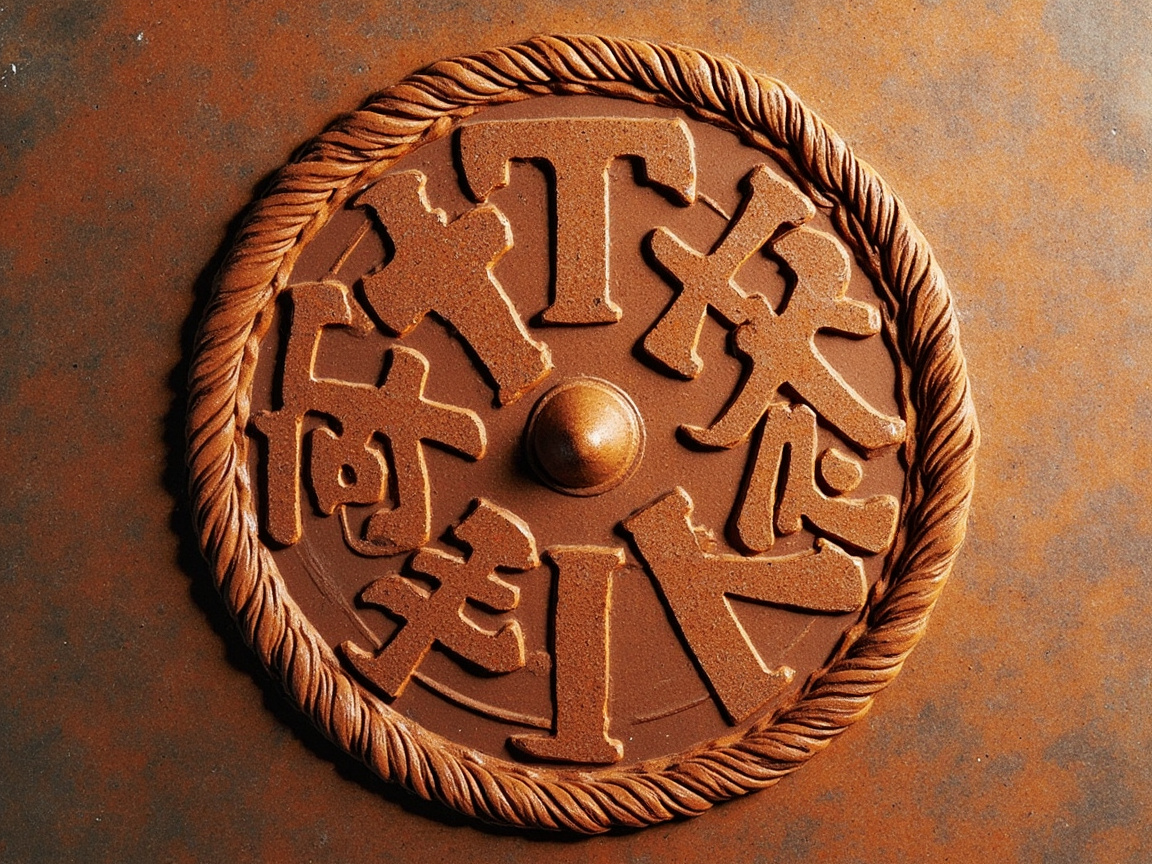 画面中展示了一个圆形的棕褐色浮雕艺术品，平放在带有锈迹的深褐色金属质感背景上。这个圆形物体边缘由一圈粗糙的麻绳纹路环绕，中心有一个凸起的圆锥状圆心。圆心周围呈放射状排列着若干个立体的字符。这些字符的质感像是粗糙的陶土或生锈的铁块，颜色与背景相近，呈现出一种古朴、沉重的工业风或考古感。光线从左上方照射，为字符投下了明显的深色阴影，增强了画面的立体感。

然而，画面存在明显的 AI 生成缺陷：圆盘上的字符逻辑非常混乱。虽然部分笔画看起来像汉字（如“快”、“何”的局部）或英文字母（如“T”、“I”），但它们大多是扭曲且无法辨认的虚假字符，笔画断裂或随意拼凑，没有任何实际含义。此外，外圈麻绳的纹路在某些衔接处显得不够自然，缺乏真实的物理结构逻辑。