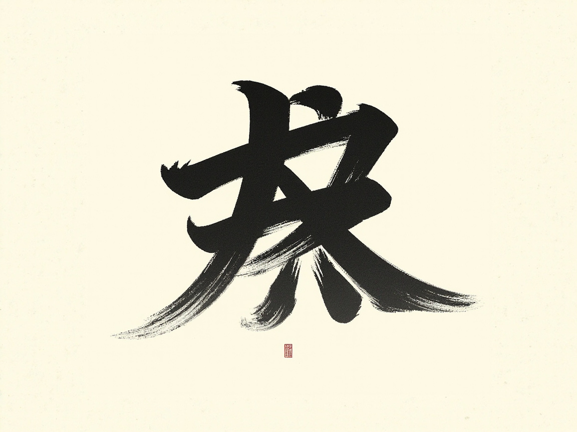 图中展示了一幅极简风格的中国书法作品。画面背景为柔和的米白色，带有一种类似宣纸的细腻质感。画面的视觉中心是一个巨大的黑色毛笔字，笔触苍劲有力，带有明显的飞白效果，展现出水墨干湿浓淡的变化。在字符的下方正中位置，盖有一枚小巧的红色方形印章，为素雅的画面增添了一抹亮色。

然而，作为一张由 AI 生成的图片，画面中的文字存在明显的逻辑缺陷：这个字并非真实的汉字，而是由类似“夫”、“大”或“天”的笔画随机组合而成的臆造字符。笔画之间的交叠关系显得生硬且不符合传统书法的运笔规律，尤其是底部散乱的撇捺线条，显得杂乱无章，缺乏真实书法中气韵贯通的连贯性。整体构图虽然模仿了书法艺术的形式美，但文字本身并无实际含义。