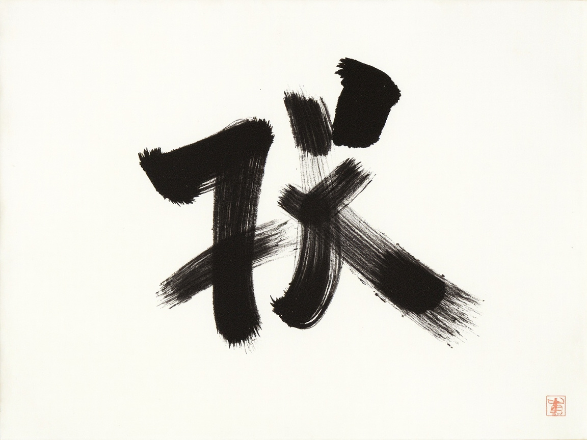 画面中展示了一幅模仿中国书法风格的艺术作品。在纯白色的背景中央，有一个用粗犷、浓重的黑色墨迹书写的汉字，其形态介于“状”字与某种抽象符号之间。笔触带有明显的枯笔效果，即毛笔水分不足时产生的丝状留白，展现出一种苍劲有力的视觉感。右下角盖有一枚红色的方形印章，为画面增添了传统艺术的氛围。然而，作为 AI 生成的图像，画面存在明显的逻辑缺陷：中间的“汉字”并非现实中存在的标准字体，其笔画结构混乱，左侧类似“犬”字旁，右侧则是无意义的线条堆叠，无法被识别和阅读。此外，墨迹的边缘过于整齐且重复感强，缺乏真实书法中墨水自然渗透纸张的晕染感，红色的印章图案也模糊不清，无法辨认具体的篆刻文字。